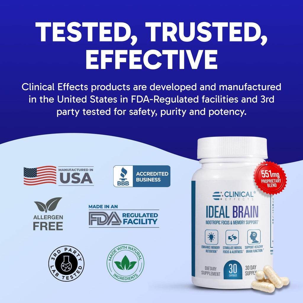 Clinical Effects Ideal Brain - Dietary Supplement for Nootropic Focus and Memory Support - 30 Capsules - B Vitamins, GABA, Alpha-GPC - Helps Support Mental Focus, and Optimal Brain Function - TrustMedUSA