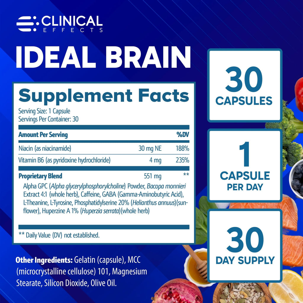 Clinical Effects Ideal Brain - Dietary Supplement for Nootropic Focus and Memory Support - 30 Capsules - B Vitamins, GABA, Alpha-GPC - Helps Support Mental Focus, and Optimal Brain Function - TrustMedUSA