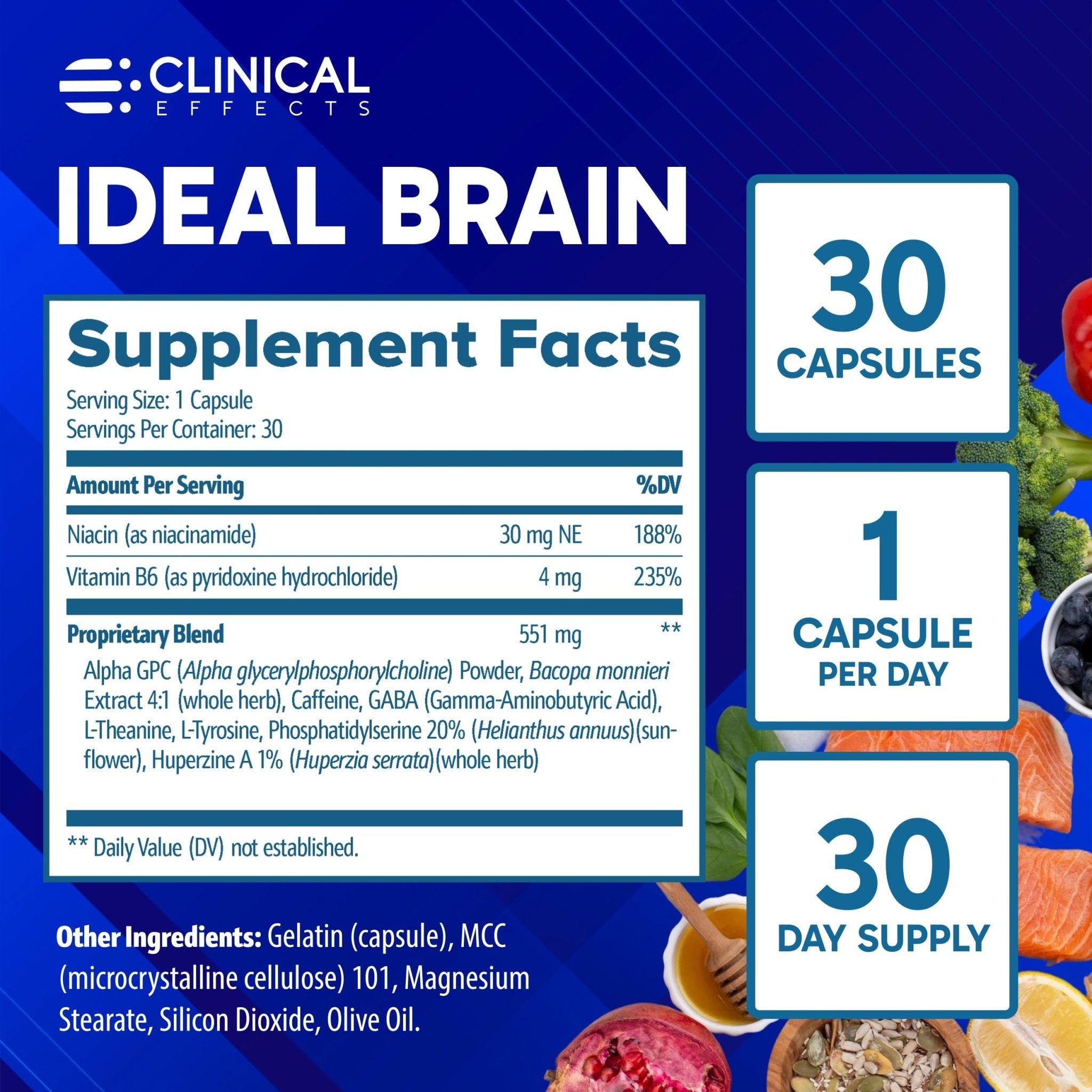 Clinical Effects Ideal Brain - Dietary Supplement for Nootropic Focus and Memory Support - 30 Capsules - B Vitamins, GABA, Alpha-GPC - Helps Support Mental Focus, and Optimal Brain Function - TrustMedUSA