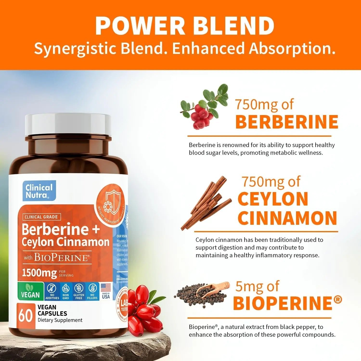 Clinical Grade Berberine Supplement 1500mg HCL Plus Ceylon Cinnamon Weight Managemen - TrustMedUSA