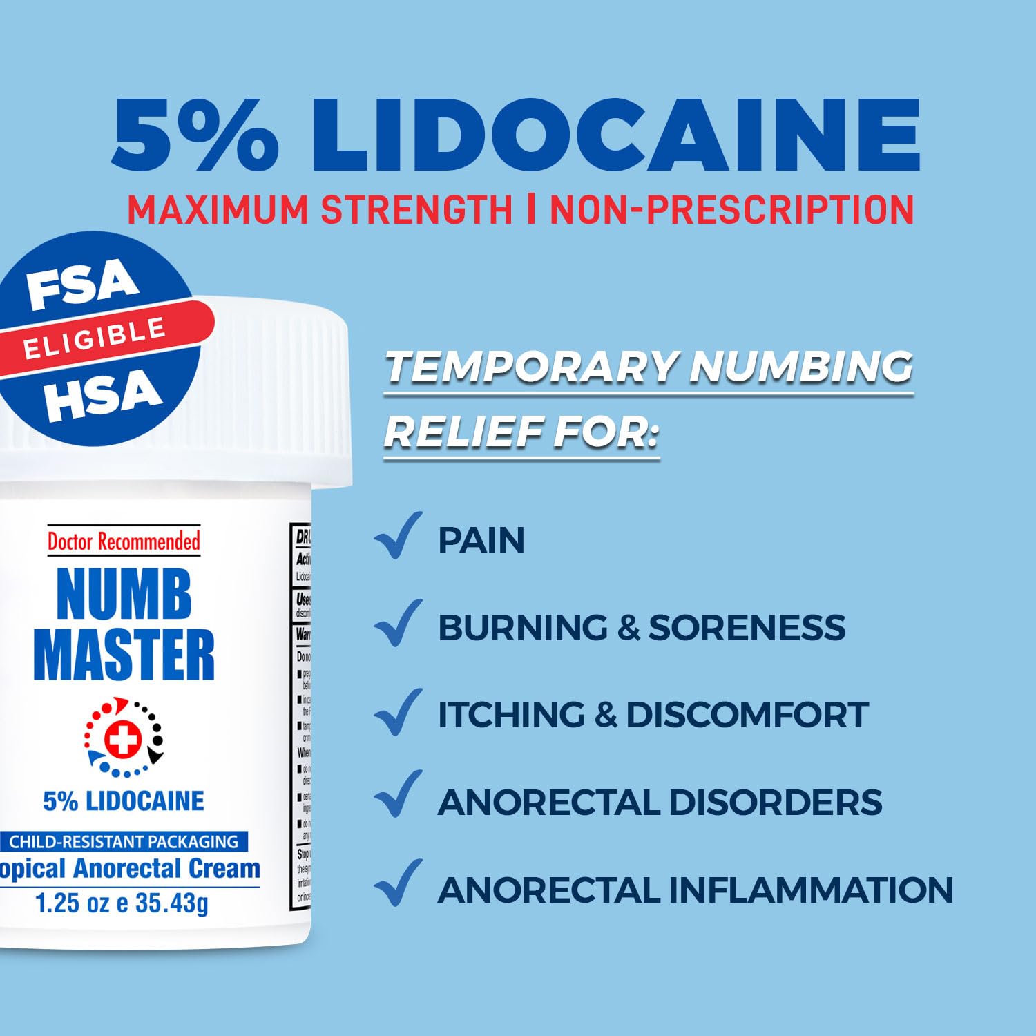 Clinical Resolution Numb Master 5% Lidocaine Numbing Cream for Pain Relief, Topical Anesthetic Burn Itch Cream Maximum Strength, Fast Acting Hemorrhoid Treatment with Vitamin E and Aloe, 1.25 Oz - Maple Wellness Supplements
