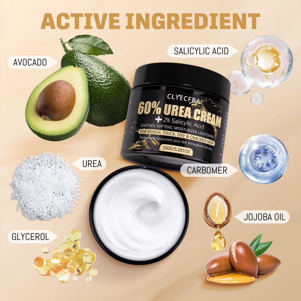 Clyecfra 60% Urea Cream with 2% Salicylic Acid, Urea Cream 60 Percent for Feet & Hands- Maximum Strength Moisturizer for Rough, Dry, Thick & Cracked Skin, Callus Remover, Deep Hydration, 150g - Maple Wellness Supplements