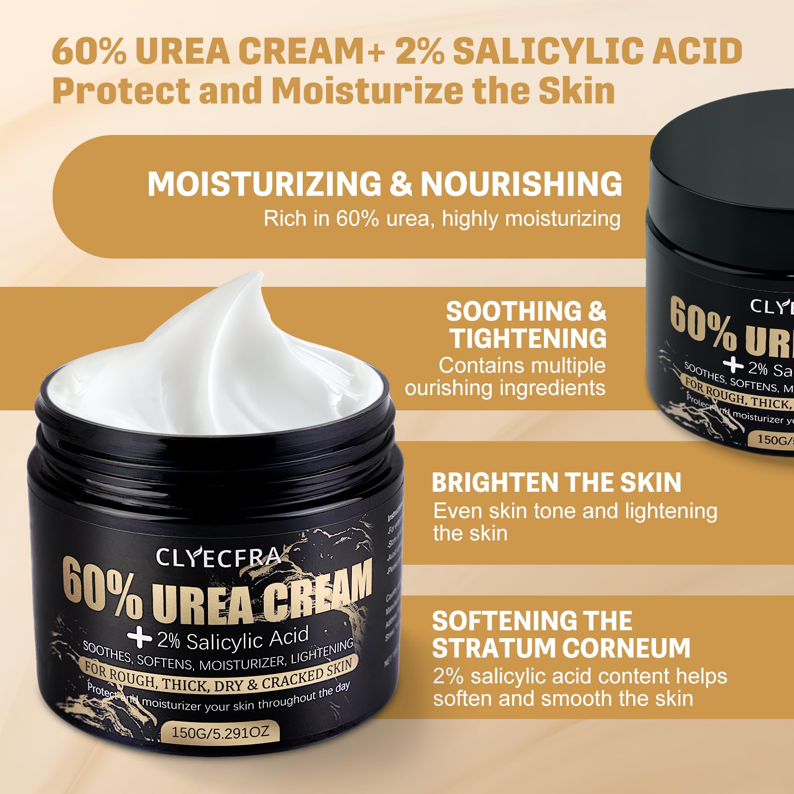 Clyecfra 60% Urea Cream with 2% Salicylic Acid, Urea Cream 60 Percent for Feet & Hands- Maximum Strength Moisturizer for Rough, Dry, Thick & Cracked Skin, Callus Remover, Deep Hydration, 150g - Maple Wellness Supplements