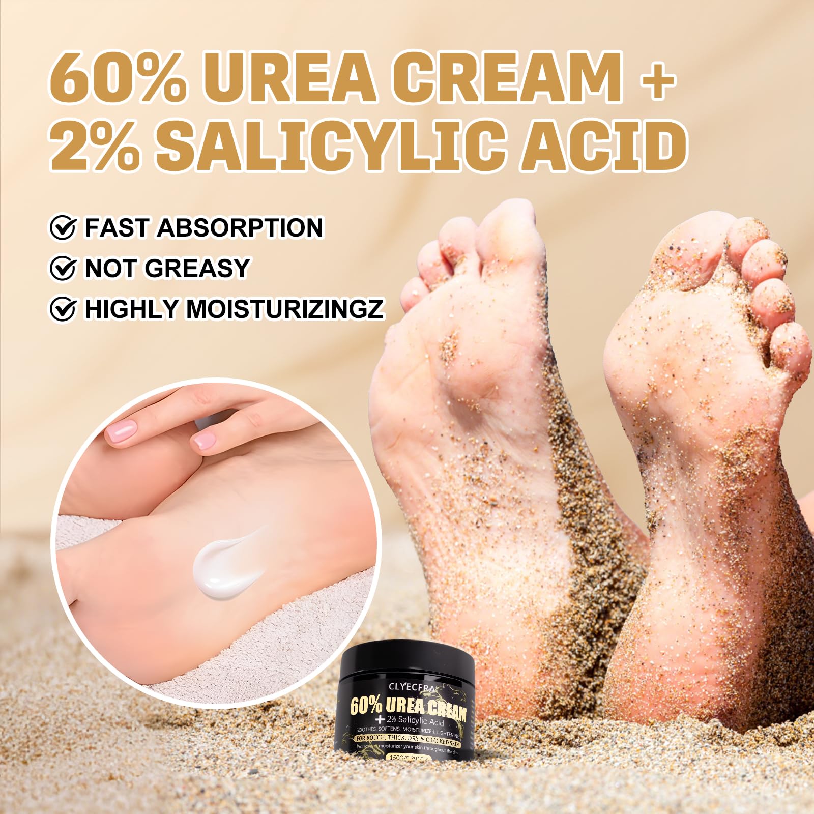 Clyecfra 60% Urea Cream with 2% Salicylic Acid, Urea Cream 60 Percent for Feet & Hands- Maximum Strength Moisturizer for Rough, Dry, Thick & Cracked Skin, Callus Remover, Deep Hydration, 150g - Maple Wellness Supplements