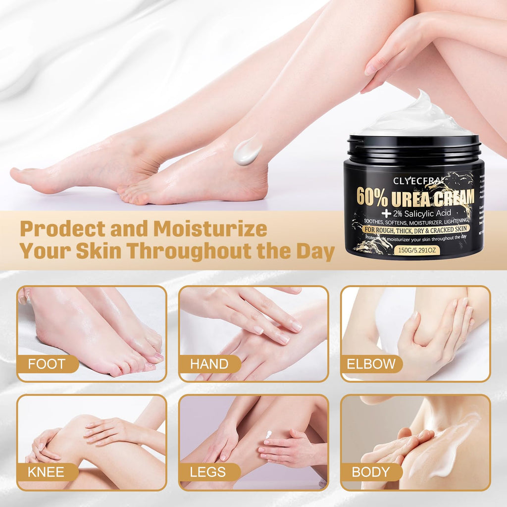 Clyecfra 60% Urea Cream with 2% Salicylic Acid, Urea Cream 60 Percent for Feet & Hands- Maximum Strength Moisturizer for Rough, Dry, Thick & Cracked Skin, Callus Remover, Deep Hydration, 150g - Maple Wellness Supplements