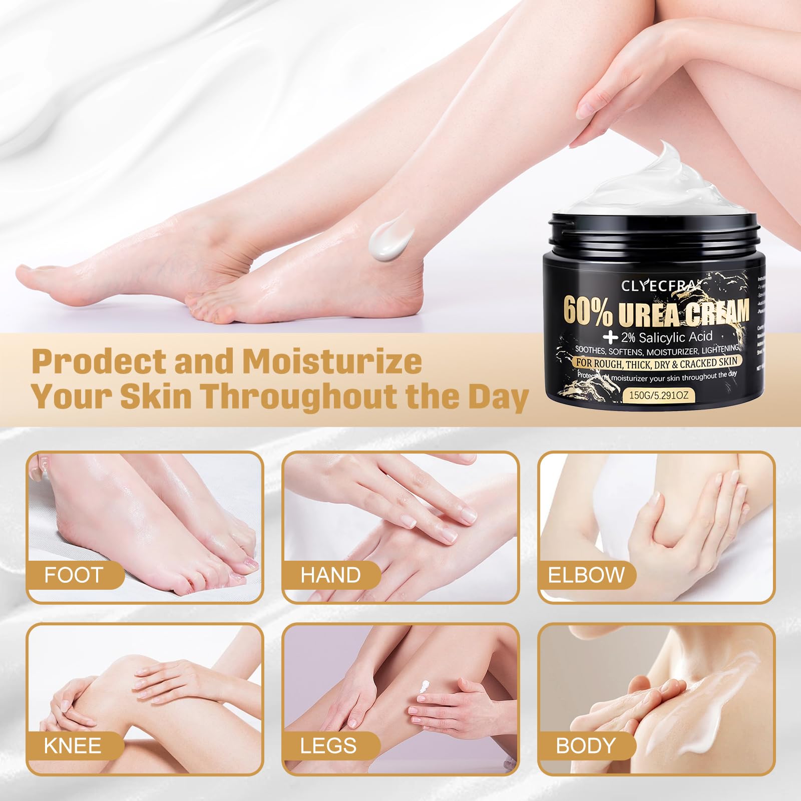 Clyecfra 60% Urea Cream with 2% Salicylic Acid, Urea Cream 60 Percent for Feet & Hands- Maximum Strength Moisturizer for Rough, Dry, Thick & Cracked Skin, Callus Remover, Deep Hydration, 150g - Maple Wellness Supplements