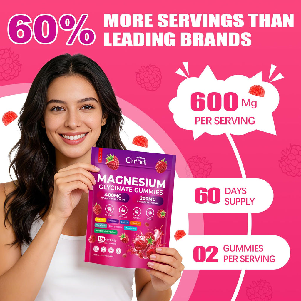 CNFHDI Magnesium Glycinate Gummies 600mg, 120 Counts Chews Sugar Free Magnesium Gummies for Adults & Kids with Calcium, Zinc & CQ10, Potassium Supplements for Zzz, Brain, Muscle & Relax - TrustMedUSA