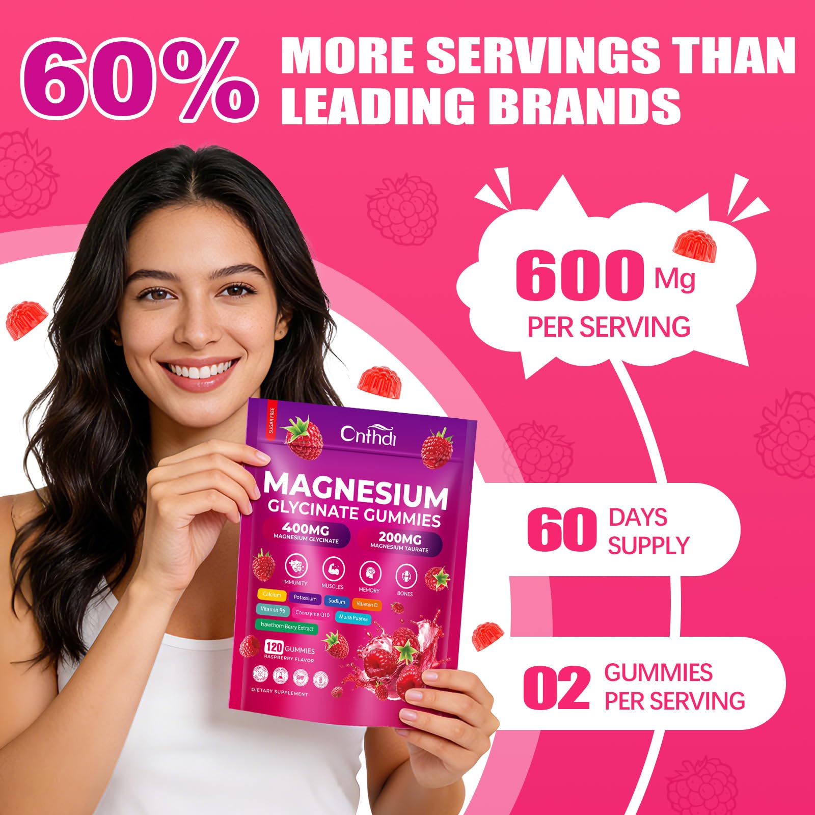 CNFHDI Magnesium Glycinate Gummies 600mg, 120 Counts Chews Sugar Free Magnesium Gummies for Adults & Kids with Calcium, Zinc & CQ10, Potassium Supplements for Zzz, Brain, Muscle & Relax - TrustMedUSA
