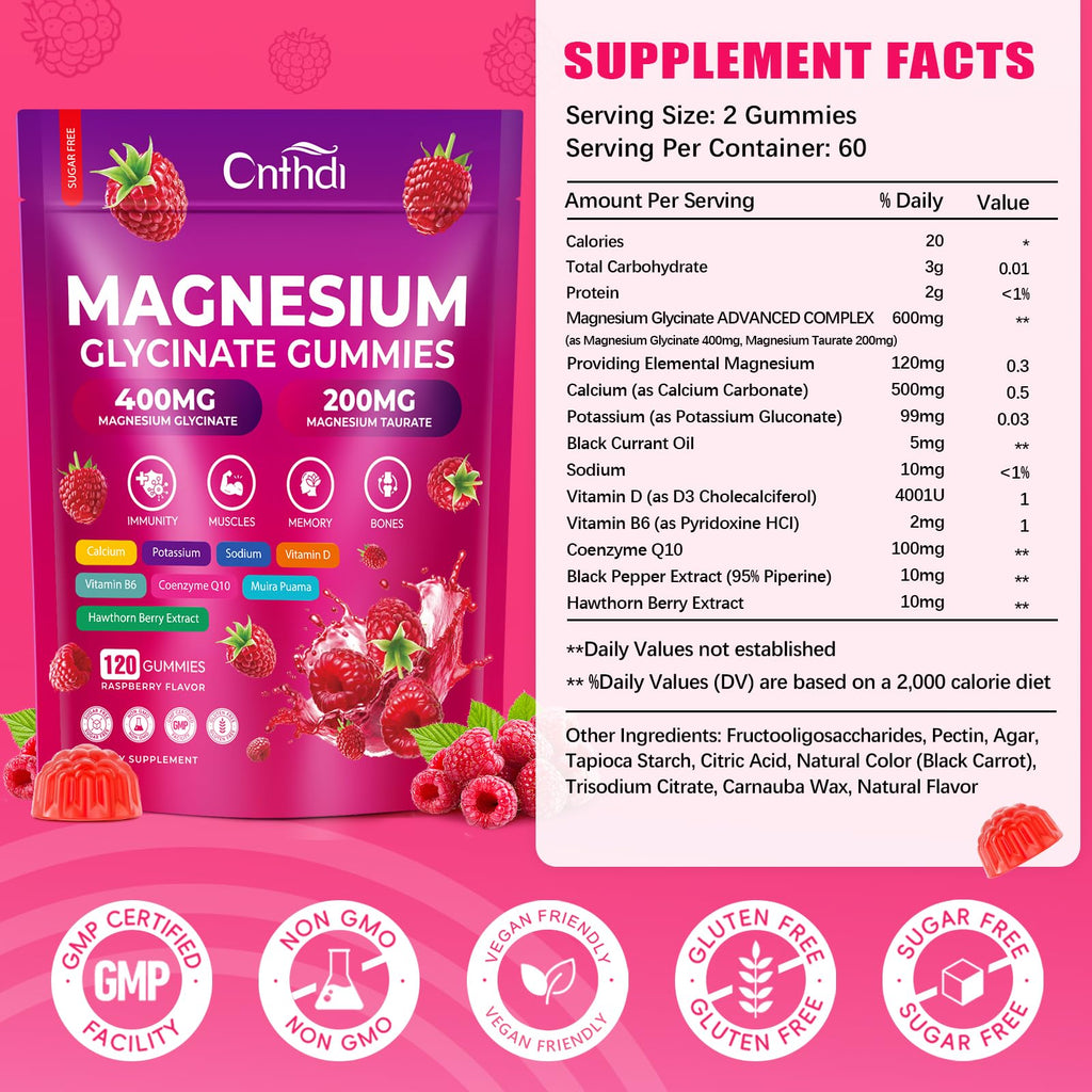 CNFHDI Magnesium Glycinate Gummies 600mg, 120 Counts Chews Sugar Free Magnesium Gummies for Adults & Kids with Calcium, Zinc & CQ10, Potassium Supplements for Zzz, Brain, Muscle & Relax - TrustMedUSA