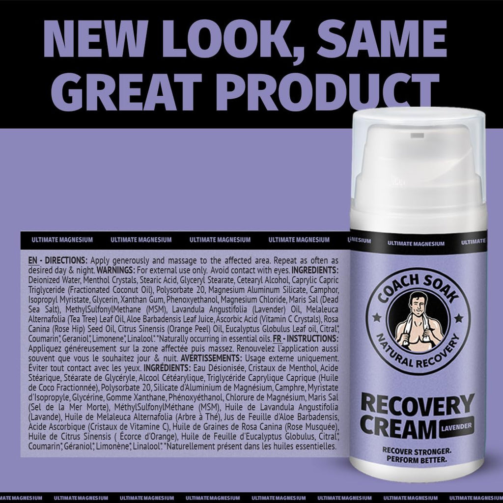 Coach Soak Magnesium Cream with MSM in Pump Bottle - Natural Recovery Cream with Magnesium Chloride & Menthol - Fast-Absorbing for Muscles & Joints, Lavender 3.4oz - TrustMedUSA