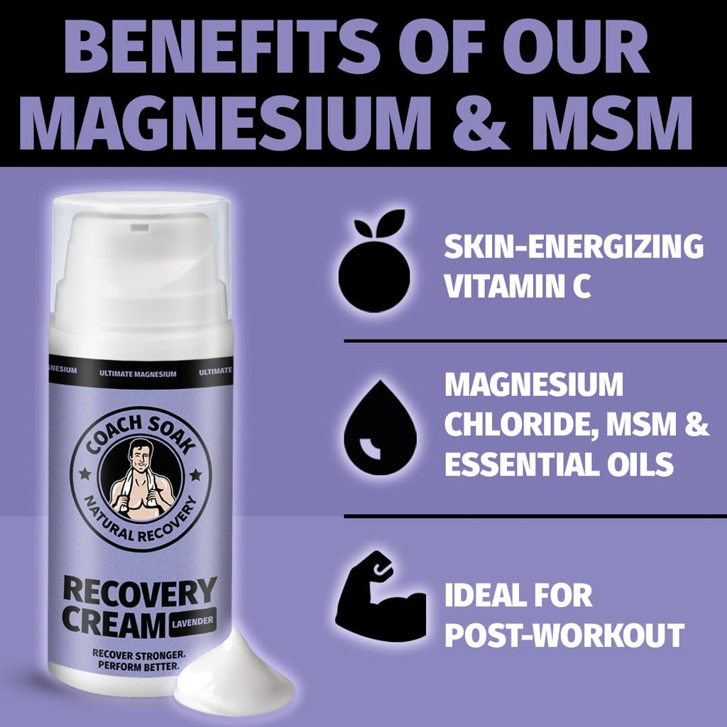 Coach Soak Magnesium Cream with MSM in Pump Bottle - Natural Recovery Cream with Magnesium Chloride & Menthol - Fast-Absorbing for Muscles & Joints, Lavender 3.4oz - TrustMedUSA