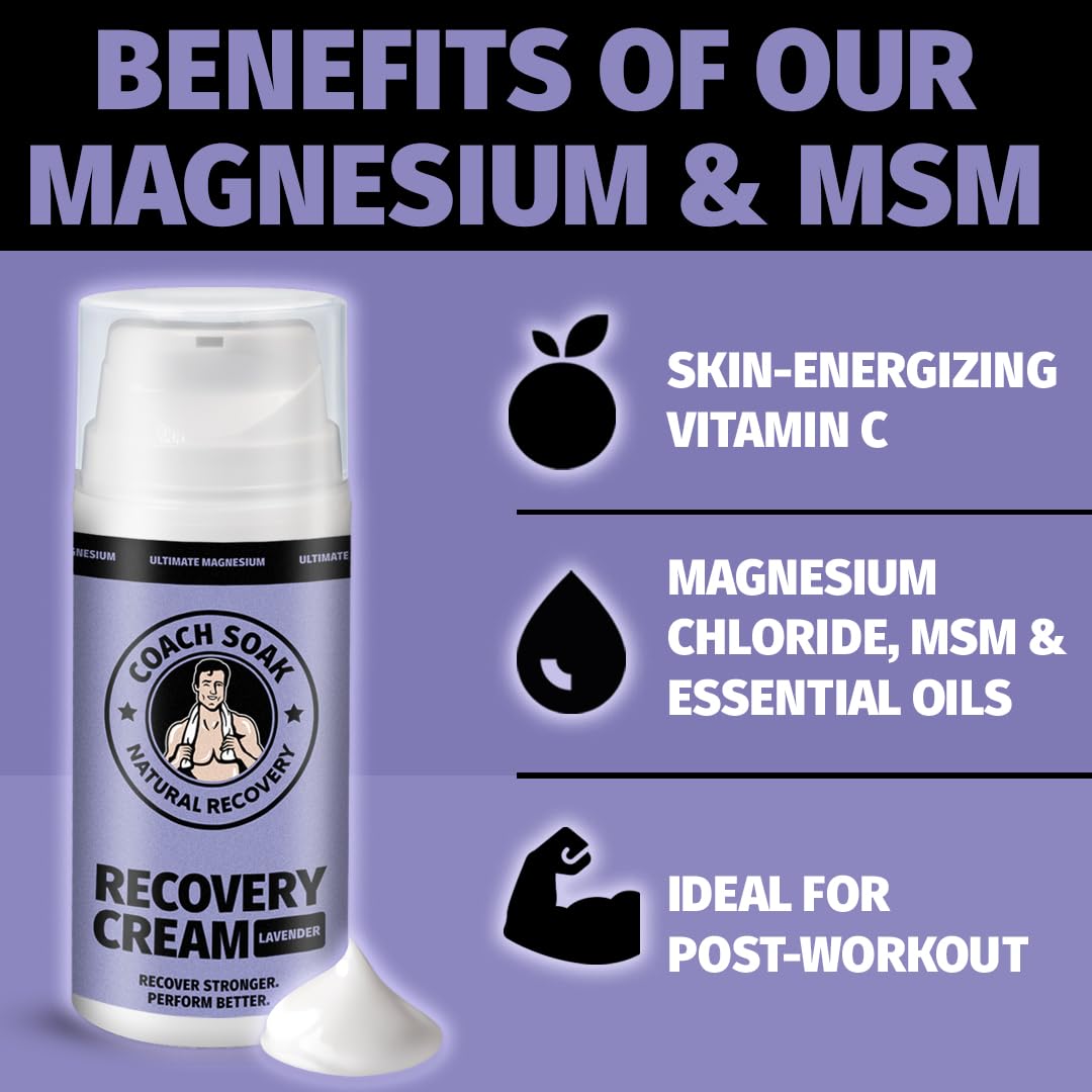Coach Soak Magnesium Cream with MSM in Pump Bottle - Natural Recovery Cream with Magnesium Chloride & Menthol - Fast-Absorbing for Muscles & Joints, Lavender 3.4oz - TrustMedUSA