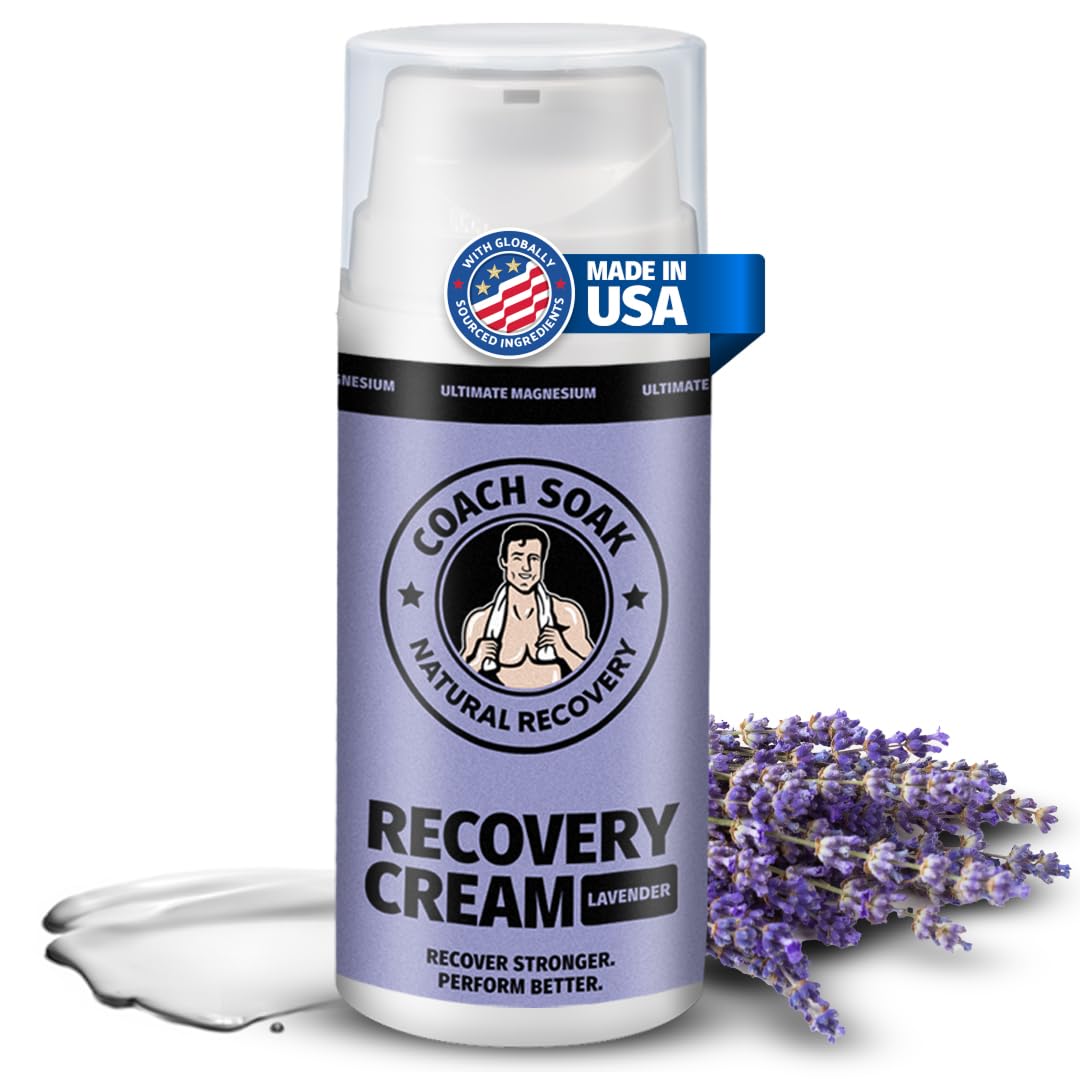 Coach Soak Magnesium Cream with MSM in Pump Bottle - Natural Recovery Cream with Magnesium Chloride & Menthol - Fast-Absorbing for Muscles & Joints, Lavender 3.4oz - TrustMedUSA