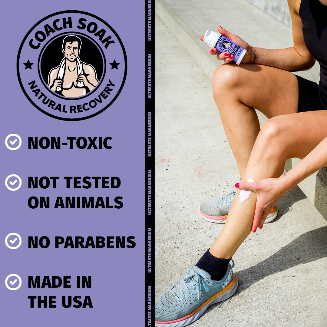 Coach Soak Magnesium Cream with MSM in Pump Bottle - Natural Recovery Cream with Magnesium Chloride & Menthol - Fast-Absorbing for Muscles & Joints, Lavender 3.4oz - TrustMedUSA