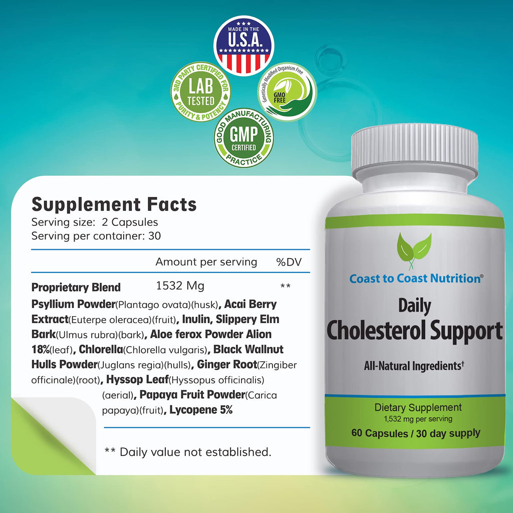 Coast to Coast Nutrition Cholesterol Support Supplement - Support Cardiovascular & Artery Performance, Target Bad LDL Levels & Plaque Calcium Buld-Up - Promote Circulation & Blood Flow - 60 Capsules - TrustMedUSA