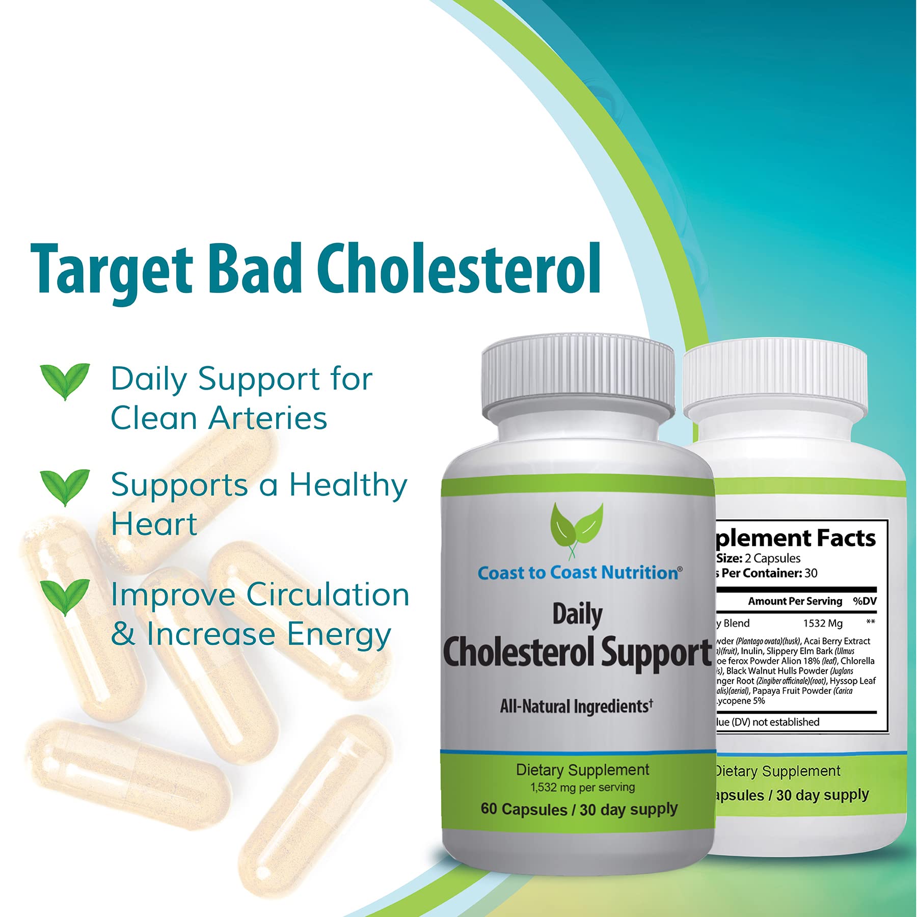 Coast to Coast Nutrition Cholesterol Support Supplement - Support Cardiovascular & Artery Performance, Target Bad LDL Levels & Plaque Calcium Buld-Up - Promote Circulation & Blood Flow - 60 Capsules - TrustMedUSA