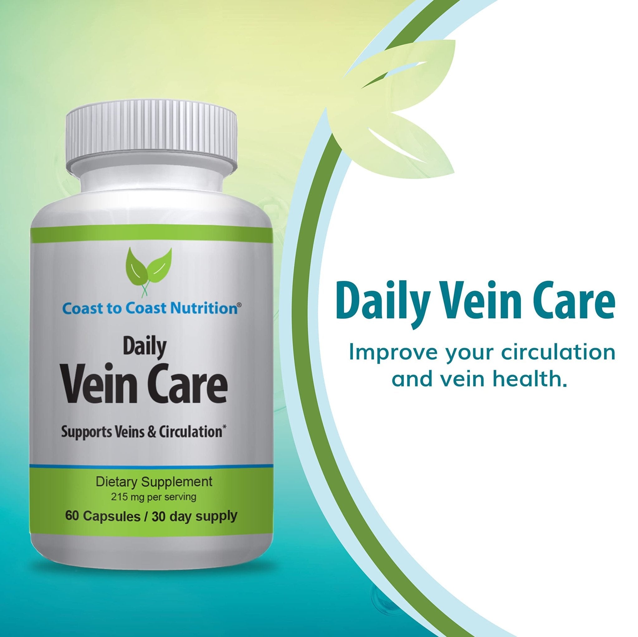 Coast to Coast Nutrition Daily Vein Care Supplement Capsules — Circulation Formula with a Natural Blend of Calcium, Vitamin D3, Vitamin K2 Plus BioPerine for Max Absorption Vein Formula — 60 Capsules - TrustMedUSA
