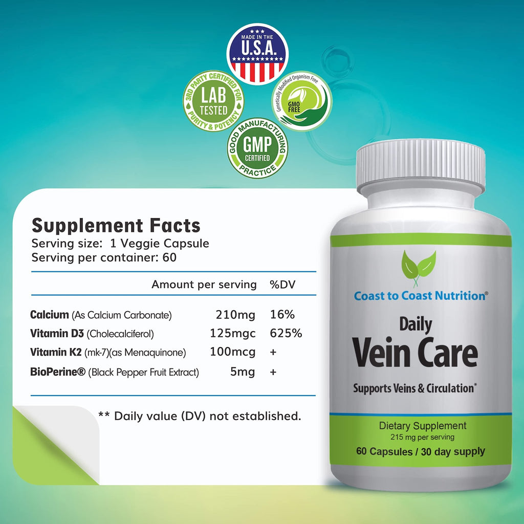 Coast to Coast Nutrition Daily Vein Care Supplement Capsules — Circulation Formula with a Natural Blend of Calcium, Vitamin D3, Vitamin K2 Plus BioPerine for Max Absorption Vein Formula — 60 Capsules - TrustMedUSA