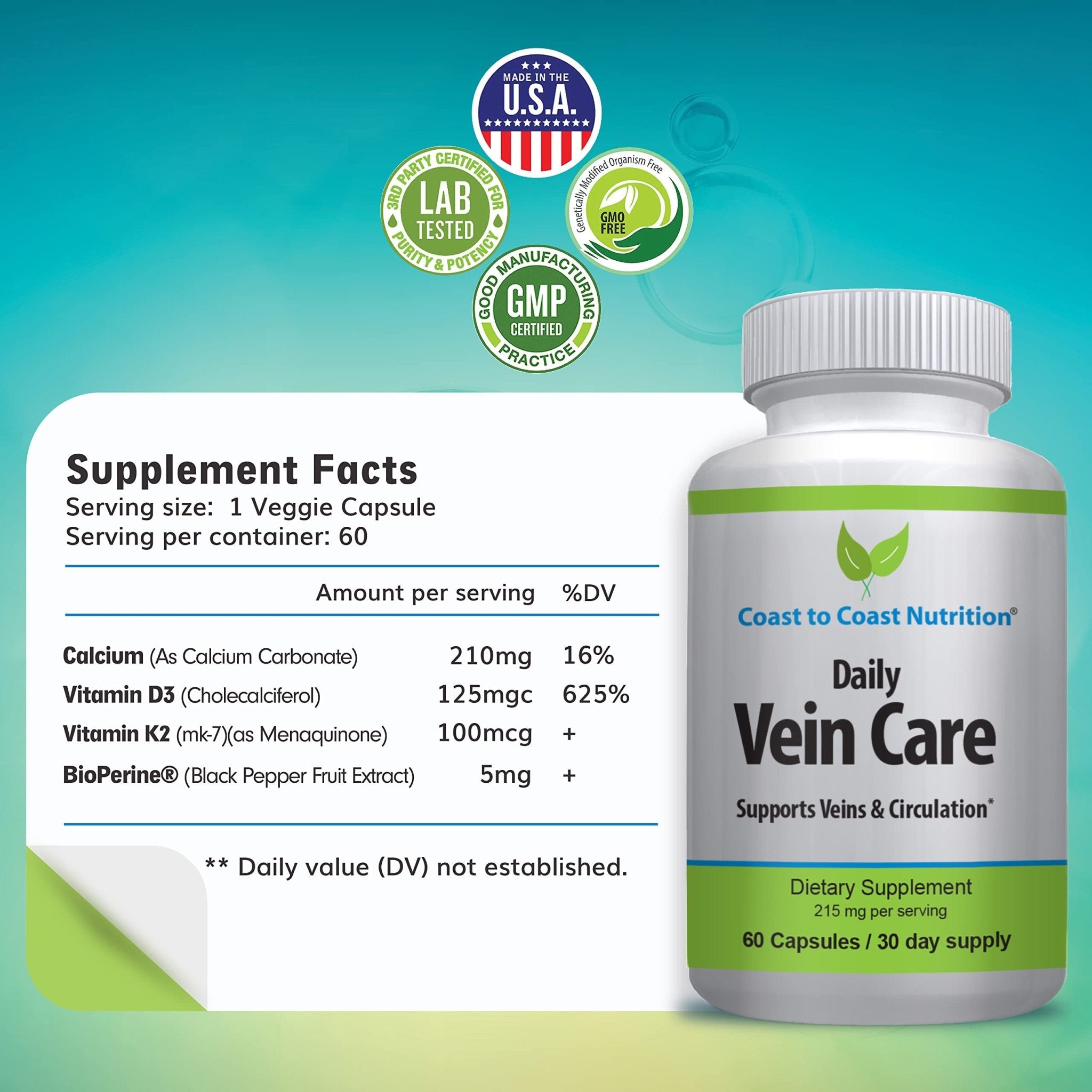Coast to Coast Nutrition Daily Vein Care Supplement Capsules — Circulation Formula with a Natural Blend of Calcium, Vitamin D3, Vitamin K2 Plus BioPerine for Max Absorption Vein Formula — 60 Capsules - TrustMedUSA