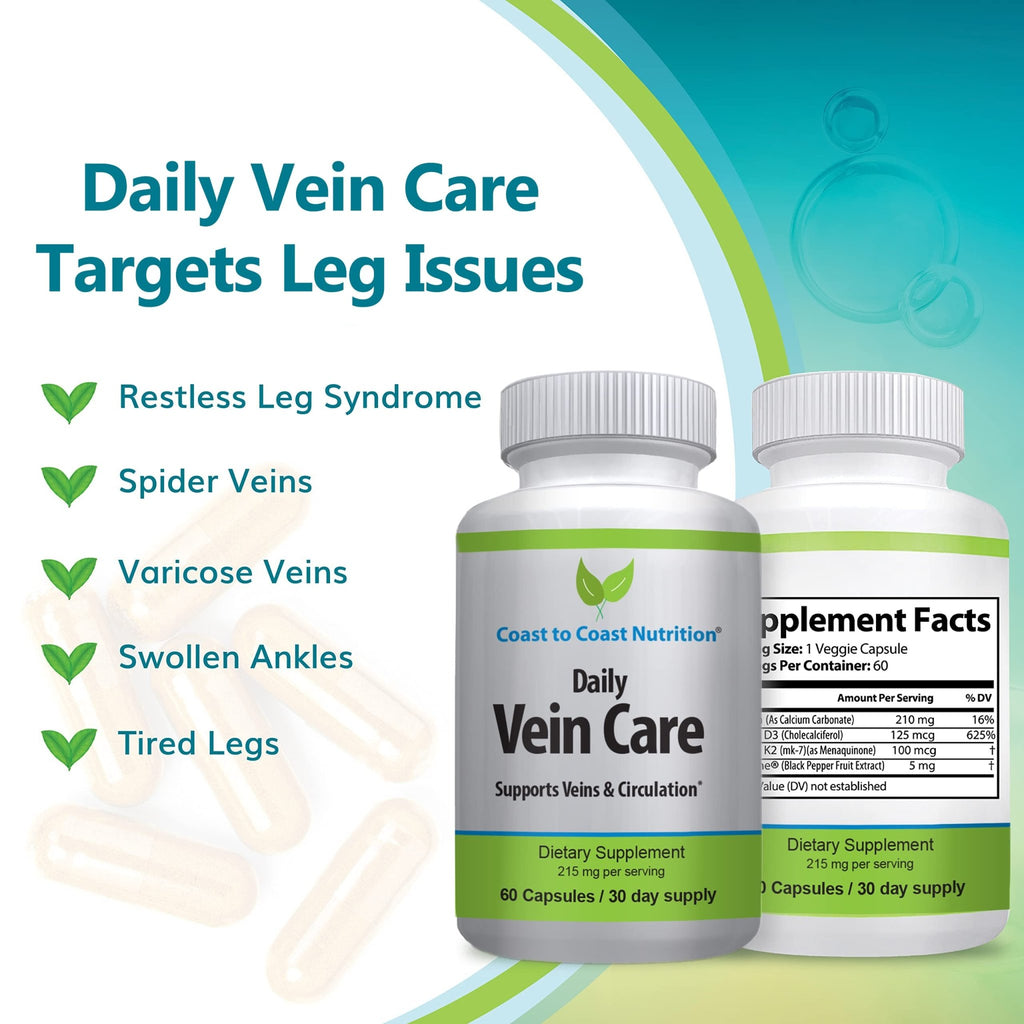 Coast to Coast Nutrition Daily Vein Care Supplement Capsules — Circulation Formula with a Natural Blend of Calcium, Vitamin D3, Vitamin K2 Plus BioPerine for Max Absorption Vein Formula — 60 Capsules - TrustMedUSA