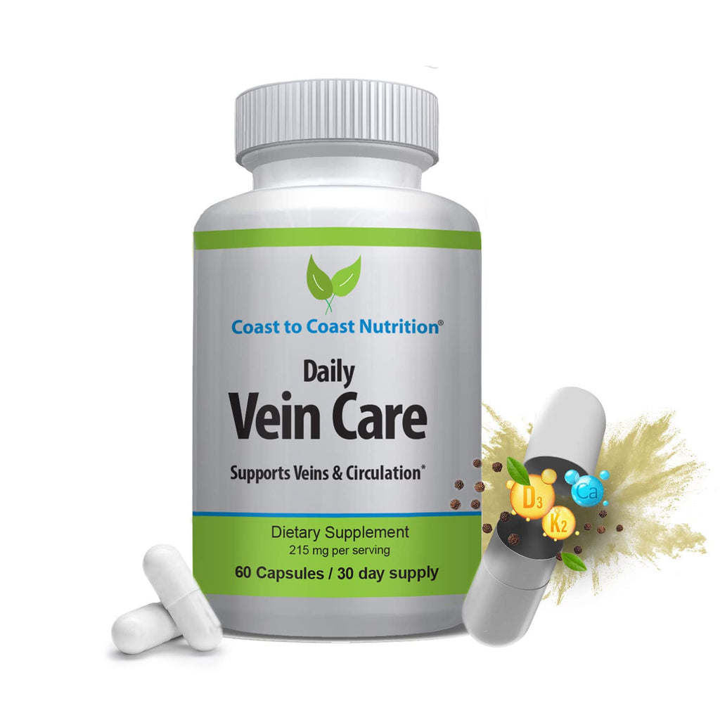 Coast to Coast Nutrition Daily Vein Care Supplement Capsules — Circulation Formula with a Natural Blend of Calcium, Vitamin D3, Vitamin K2 Plus BioPerine for Max Absorption Vein Formula — 60 Capsules - TrustMedUSA
