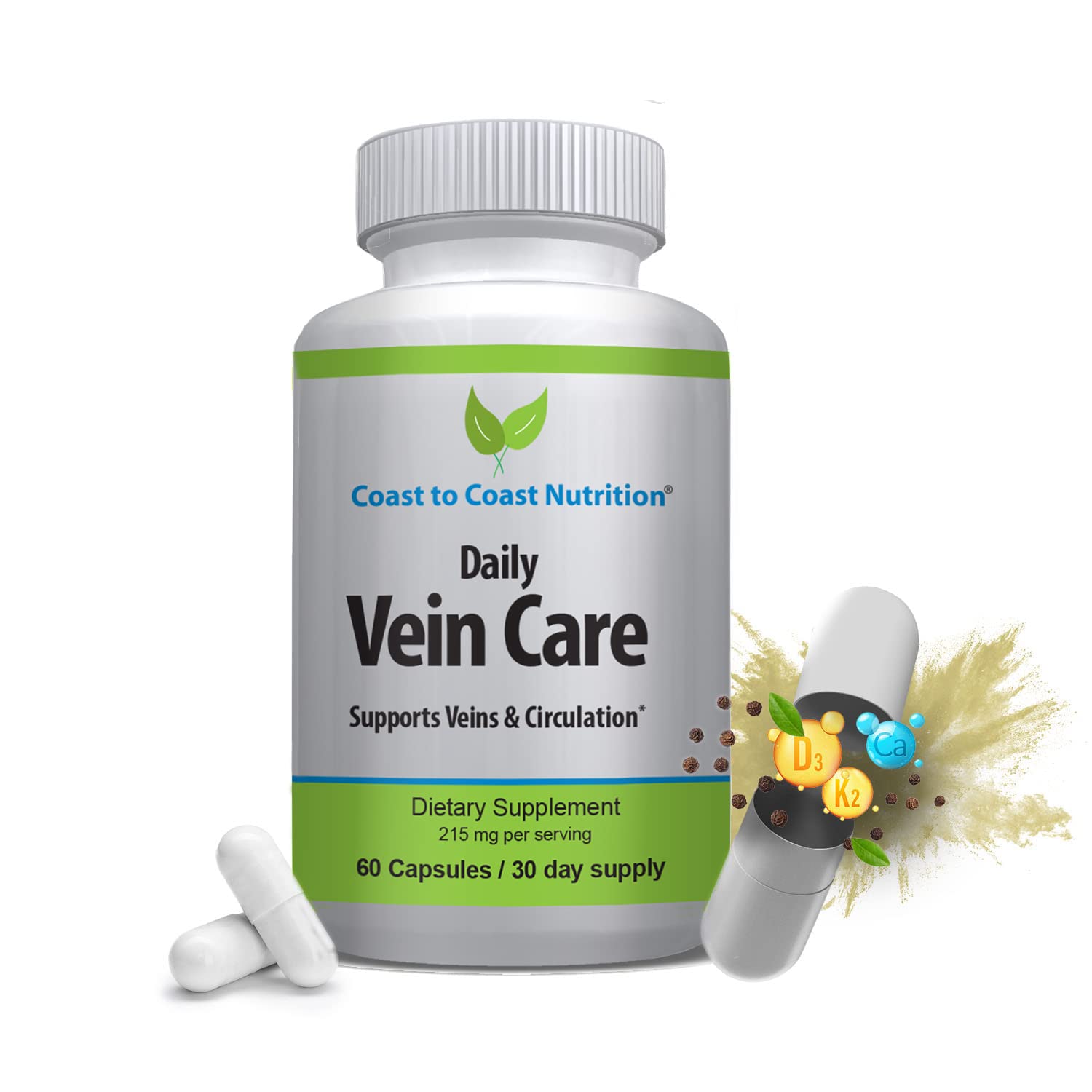 Coast to Coast Nutrition Daily Vein Care Supplement Capsules — Circulation Formula with a Natural Blend of Calcium, Vitamin D3, Vitamin K2 Plus BioPerine for Max Absorption Vein Formula — 60 Capsules - TrustMedUSA