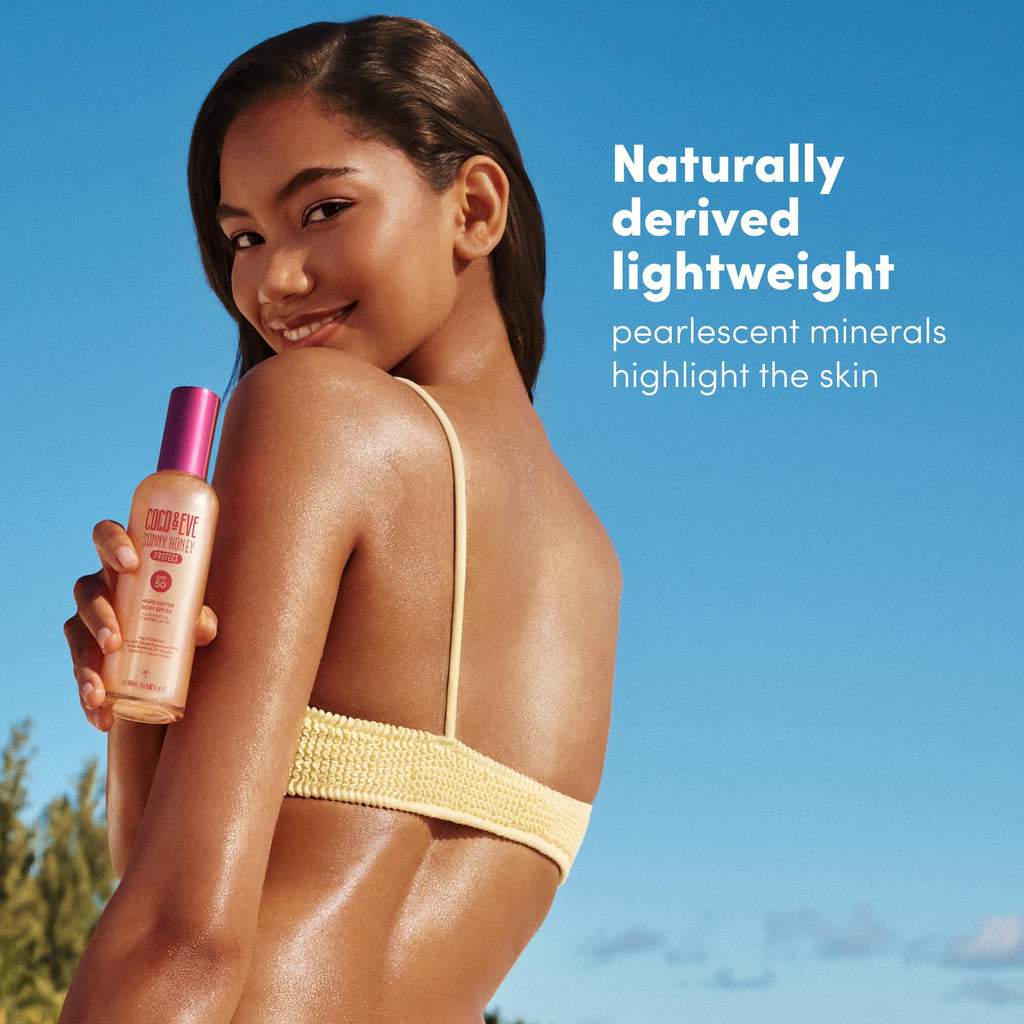 Coco & Eve Body Highlighter SPF 50 – Shimmer Sunscreen, Broad Spectrum Sun Protection, Lightweight Serum-Like Lotion with Pearlescent Minerals & Vitamin E for Hydrated & Glowing Skin, 5.07 Fl Oz - Maple Wellness Supplements