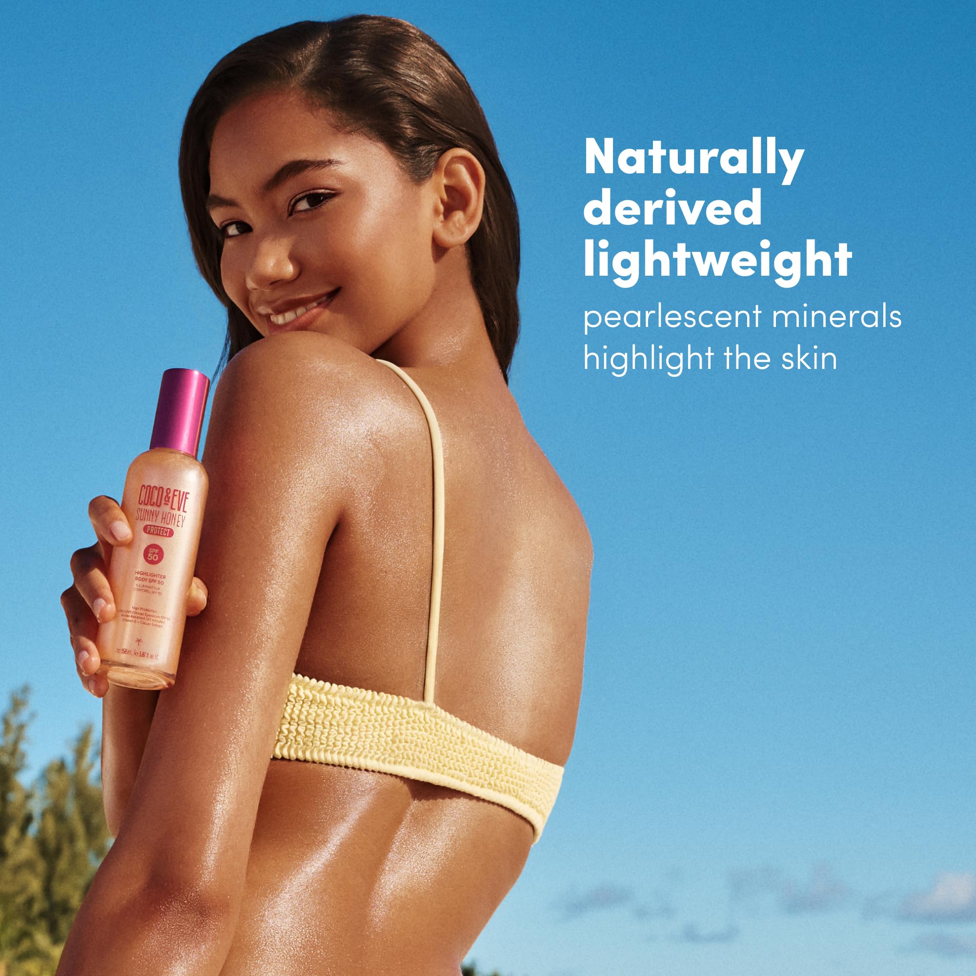 Coco & Eve Body Highlighter SPF 50 – Shimmer Sunscreen, Broad Spectrum Sun Protection, Lightweight Serum-Like Lotion with Pearlescent Minerals & Vitamin E for Hydrated & Glowing Skin, 5.07 Fl Oz - Maple Wellness Supplements