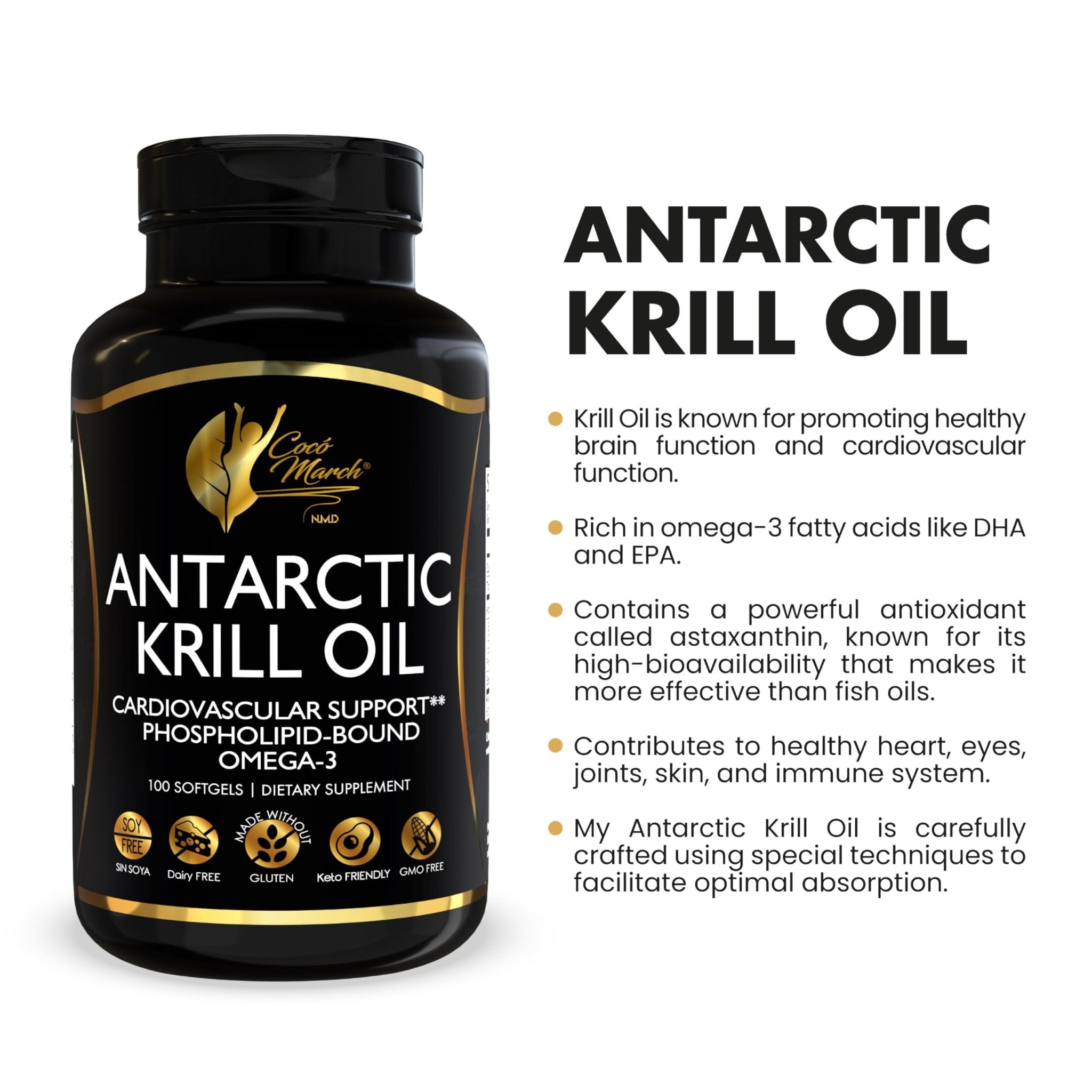 Cocó March N.M.D Pure Antarctic Krill Oil 1000mg – Omega 3 Fish Oil Supplement with EPA, DHA, Choline & Astaxanthin – Fast Absorption, Immune, Heart & Joint Support for Men & Women – 100 Softgels - TrustMedUSA