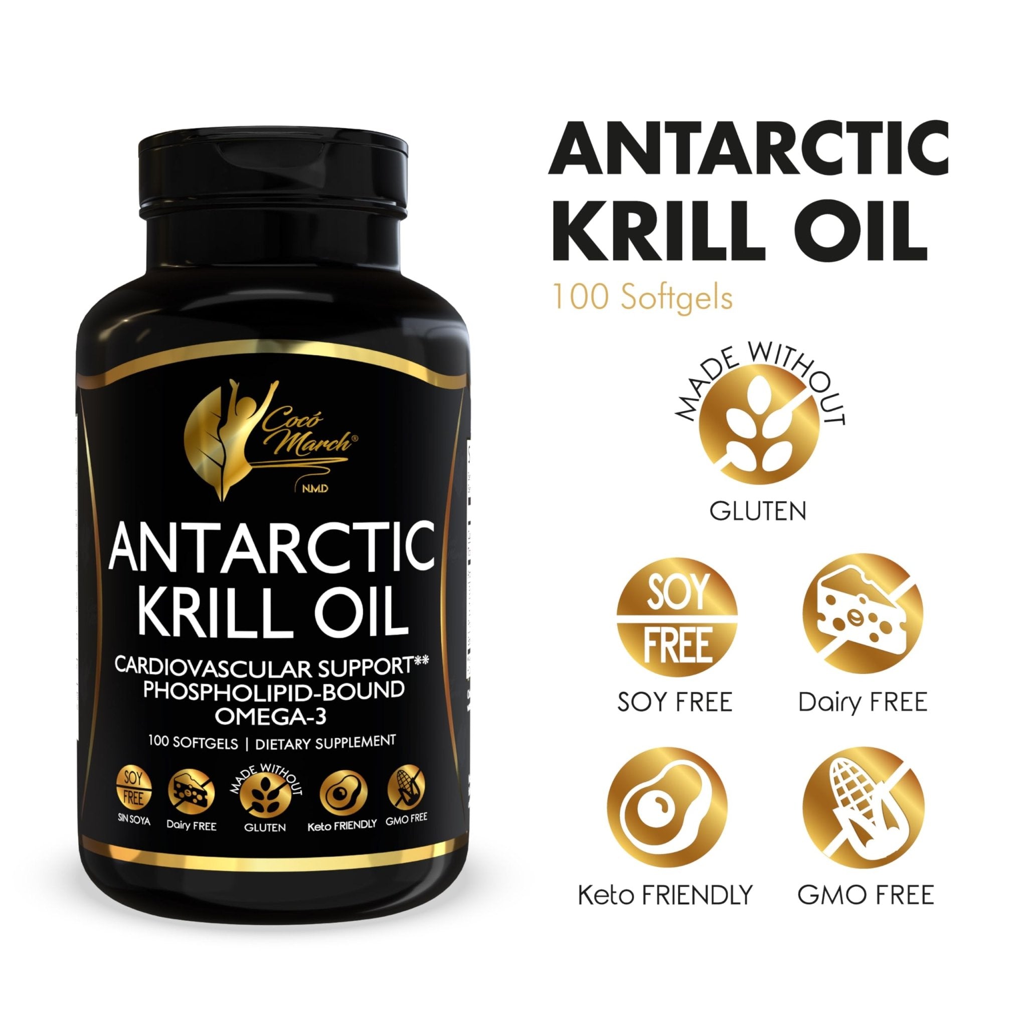 Cocó March N.M.D Pure Antarctic Krill Oil 1000mg – Omega 3 Fish Oil Supplement with EPA, DHA, Choline & Astaxanthin – Fast Absorption, Immune, Heart & Joint Support for Men & Women – 100 Softgels - TrustMedUSA