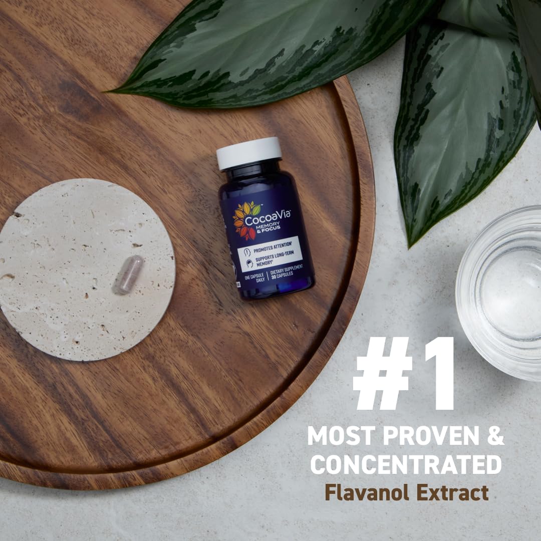CocoaVia Memory & Focus Brain Supplement, 90 Day, Cocoa Flavanol Blend, Lutein, Added Caffeine for Boost. Improve Cognitive Function, Attention, Vegan & Plant Based, 90 Capsules - TrustMedUSA