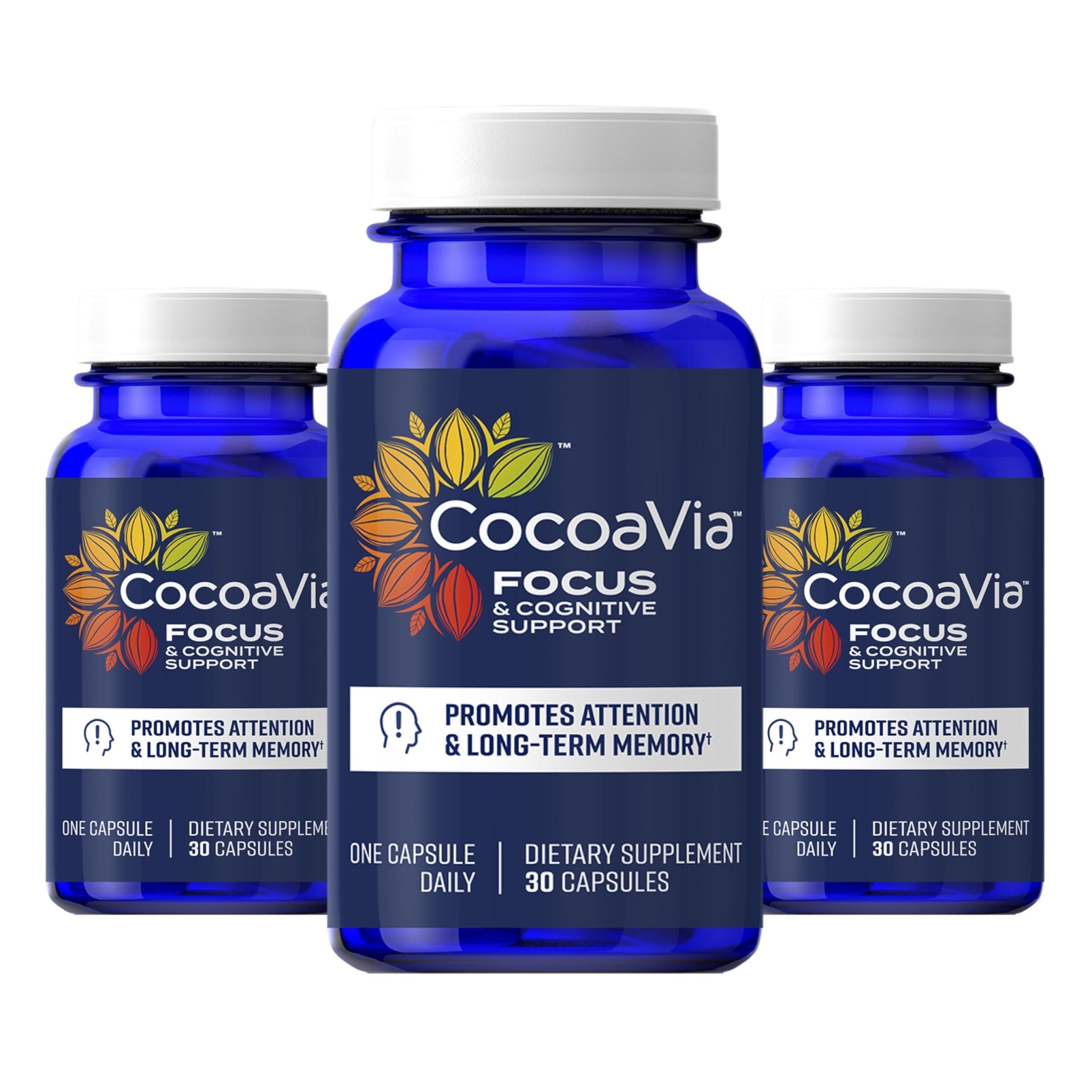 CocoaVia Memory & Focus Brain Supplement, 90 Day, Cocoa Flavanol Blend, Lutein, Added Caffeine for Boost. Improve Cognitive Function, Attention, Vegan & Plant Based, 90 Capsules - TrustMedUSA