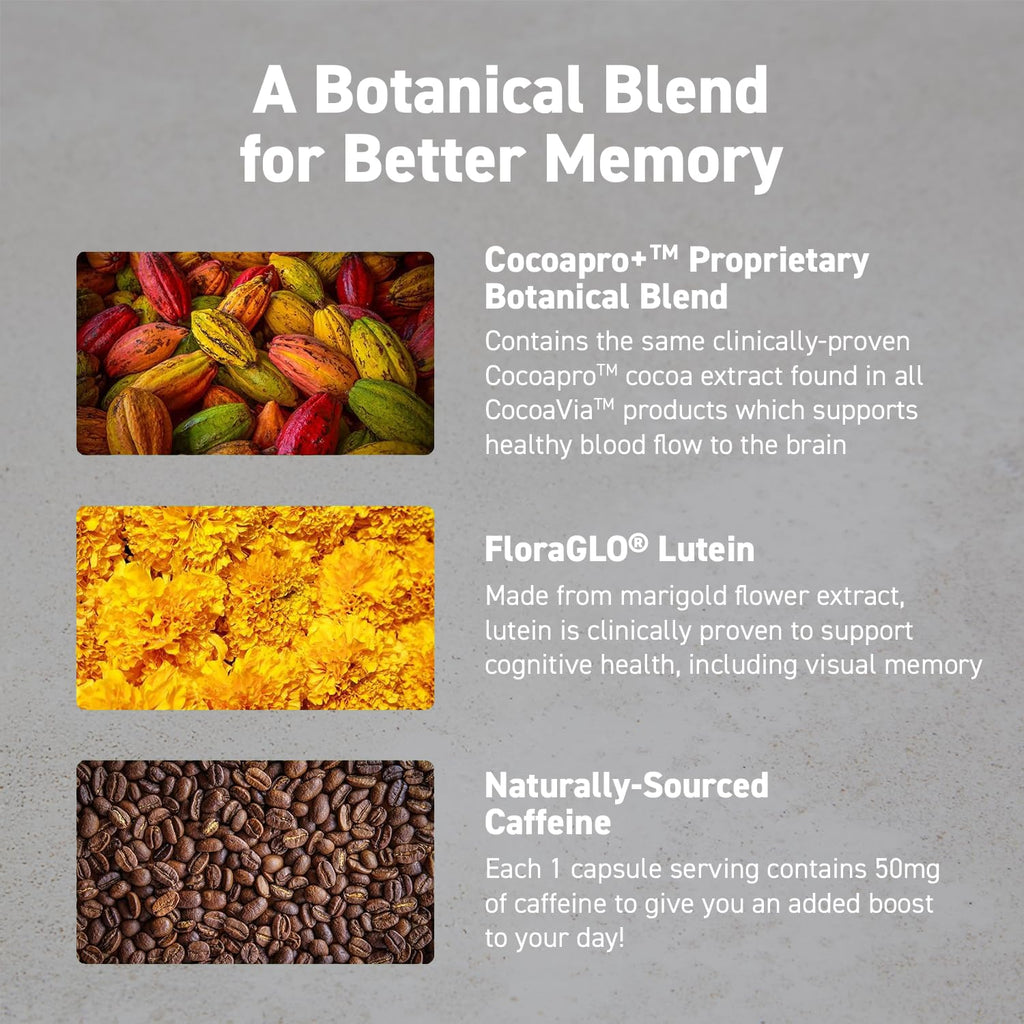 CocoaVia Memory & Focus Brain Supplement, 90 Day, Cocoa Flavanol Blend, Lutein, Added Caffeine for Boost. Improve Cognitive Function, Attention, Vegan & Plant Based, 90 Capsules - TrustMedUSA