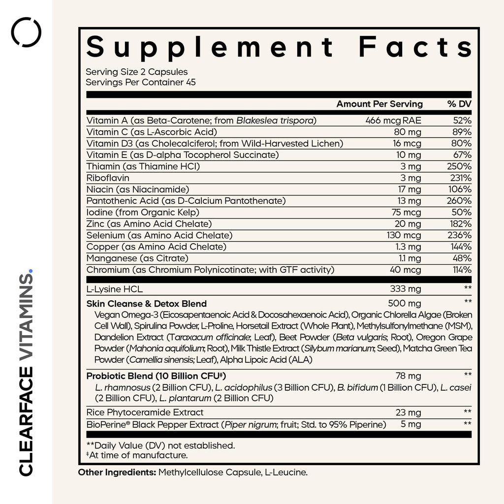 Codeage Clearface Pantothenic Acid, Niacin Supplement, Vitamins A, C, D3, E, Probiotics, Zinc, Riboflavin, Thiamin, L-Lysine HCL & Omega-3, Niacinamide, Skin Botanical Blend - Non-GMO - 90 Capsules - TrustMedUSA