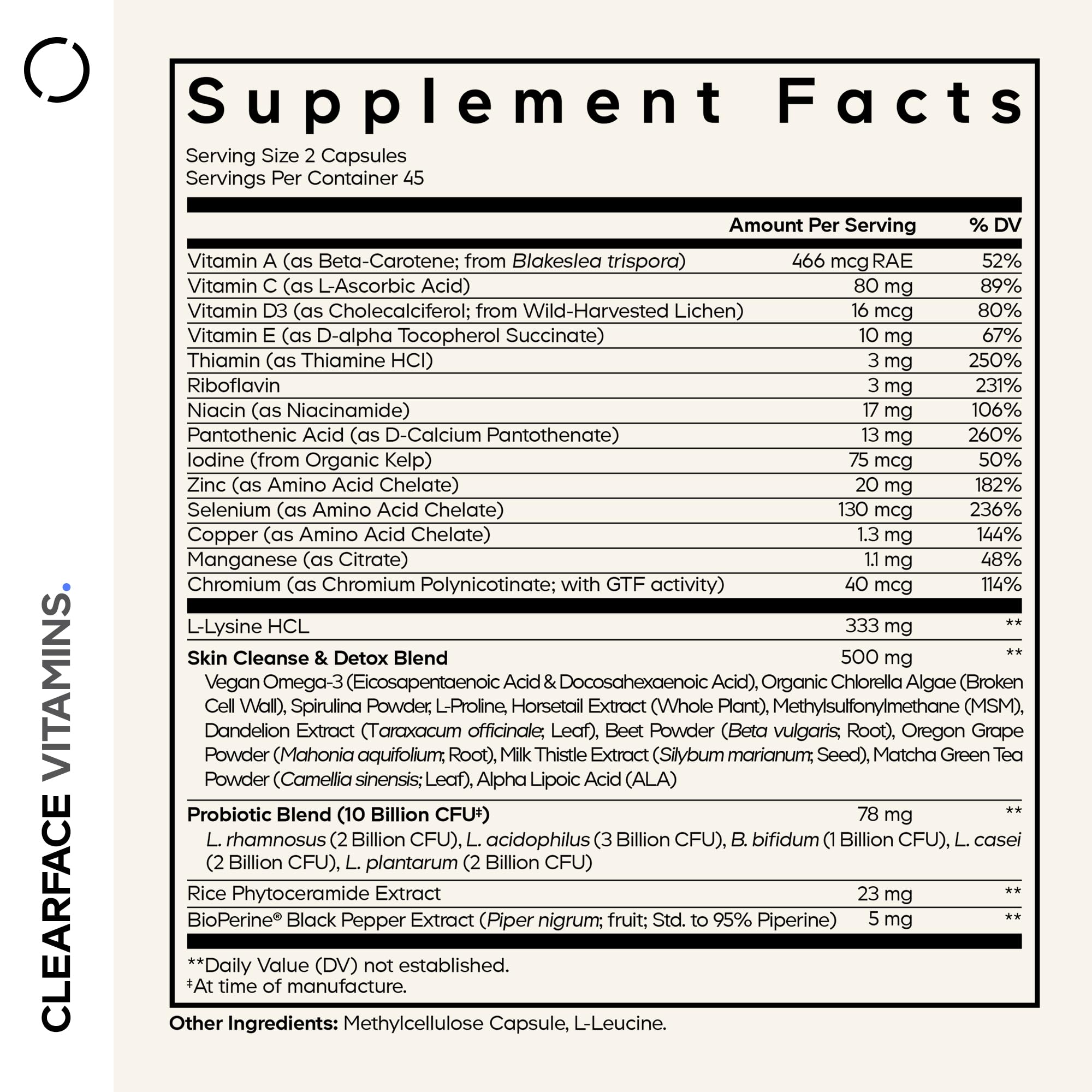 Codeage Clearface Pantothenic Acid, Niacin Supplement, Vitamins A, C, D3, E, Probiotics, Zinc, Riboflavin, Thiamin, L-Lysine HCL & Omega-3, Niacinamide, Skin Botanical Blend - Non-GMO - 90 Capsules - TrustMedUSA
