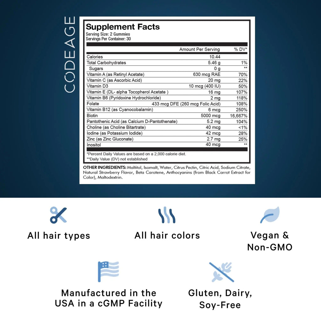 Codeage Hair Gummies, Biotin 5000 mcg, Sugar Free Growth Gummy Vitamins A, C, B6, B12, D3, Zinc, Inositol Supplement - TrustMedUSA