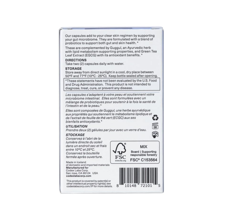 Codex Labs Shaant Clear Skin Supplement – 60 Vegan Capsules | Acne Probiotics with 9-Strain Blend, Green Tea EGCG & Guggul – Daily Support for Acne-Prone Skin & Clear Complexion - TrustMedUSA