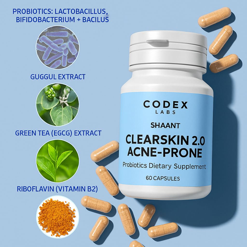 Codex Labs Shaant Clear Skin Supplement – 60 Vegan Capsules | Acne Probiotics with 9-Strain Blend, Green Tea EGCG & Guggul – Daily Support for Acne-Prone Skin & Clear Complexion - TrustMedUSA