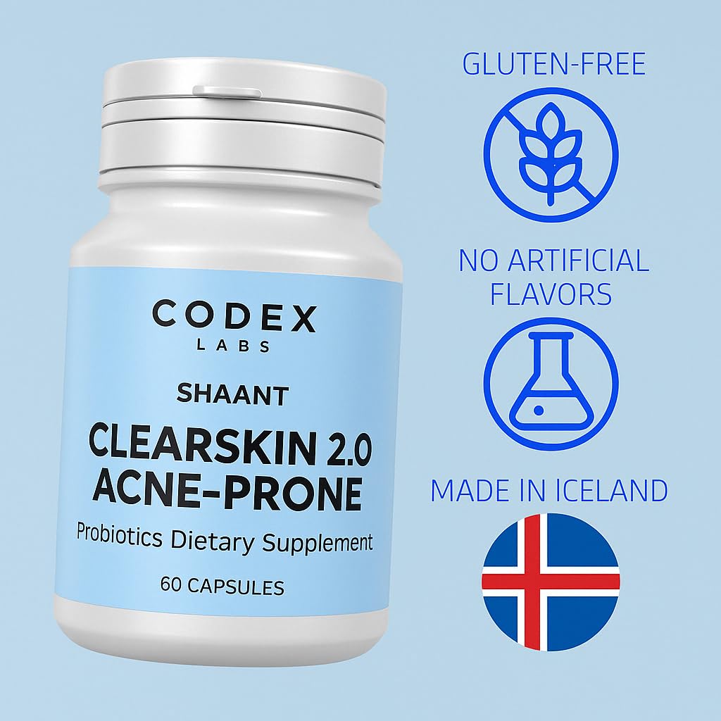 Codex Labs Shaant Clear Skin Supplement – 60 Vegan Capsules | Acne Probiotics with 9-Strain Blend, Green Tea EGCG & Guggul – Daily Support for Acne-Prone Skin & Clear Complexion - TrustMedUSA