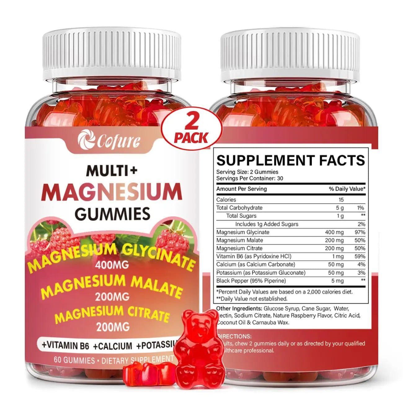 Cofure Triple Magnesium Complex 900 mg, Magnesium Glycinate, Citrate, Malate with Potassium, Calcium, Vitamin B6 for Calm & Sleep - Vegan, Non-GMO, Gluten Free - 120 Raspberry Gummies for Adults - TrustMedUSA