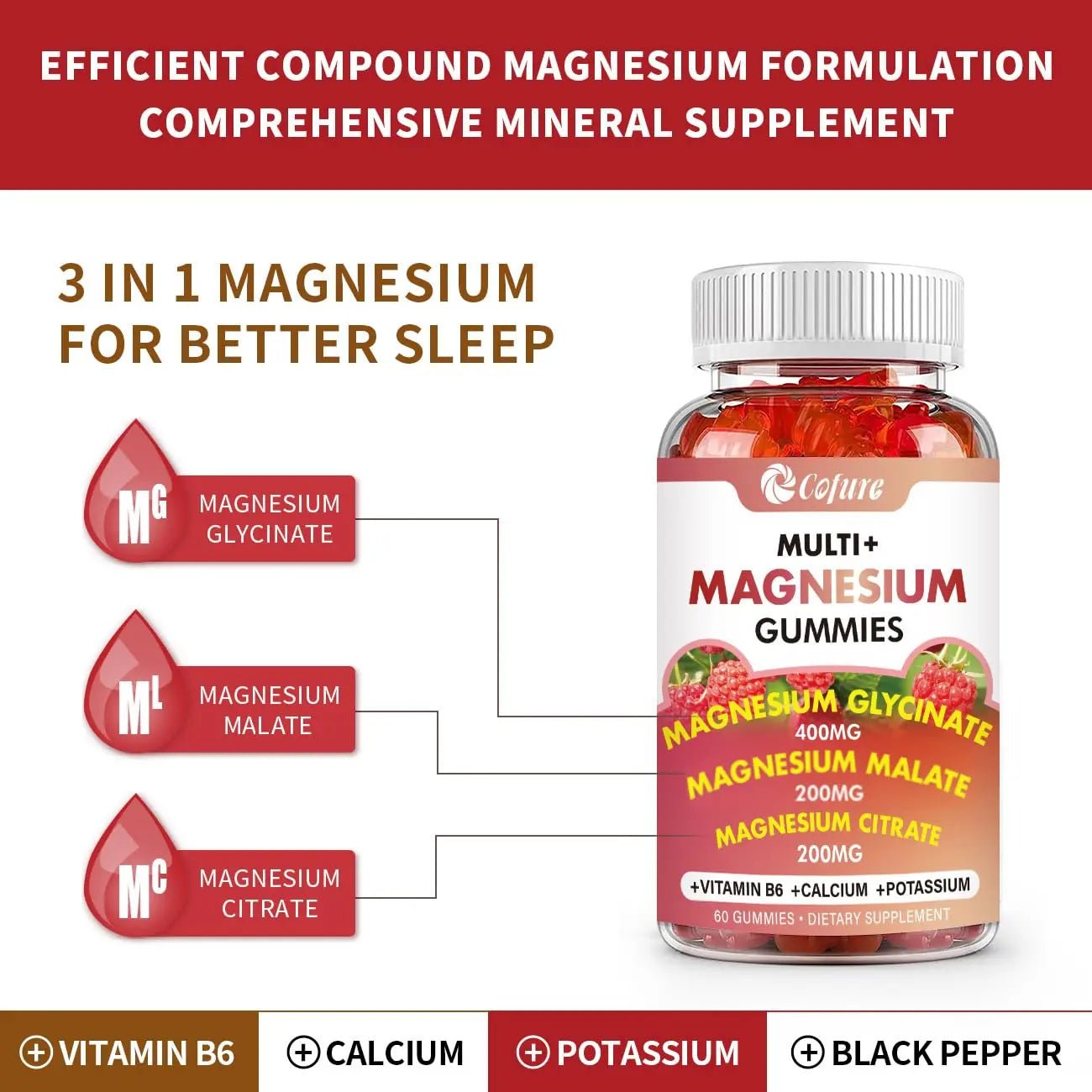 Cofure Triple Magnesium Complex 900 mg, Magnesium Glycinate, Citrate, Malate with Potassium, Calcium, Vitamin B6 for Calm & Sleep - Vegan, Non-GMO, Gluten Free - 120 Raspberry Gummies for Adults - TrustMedUSA