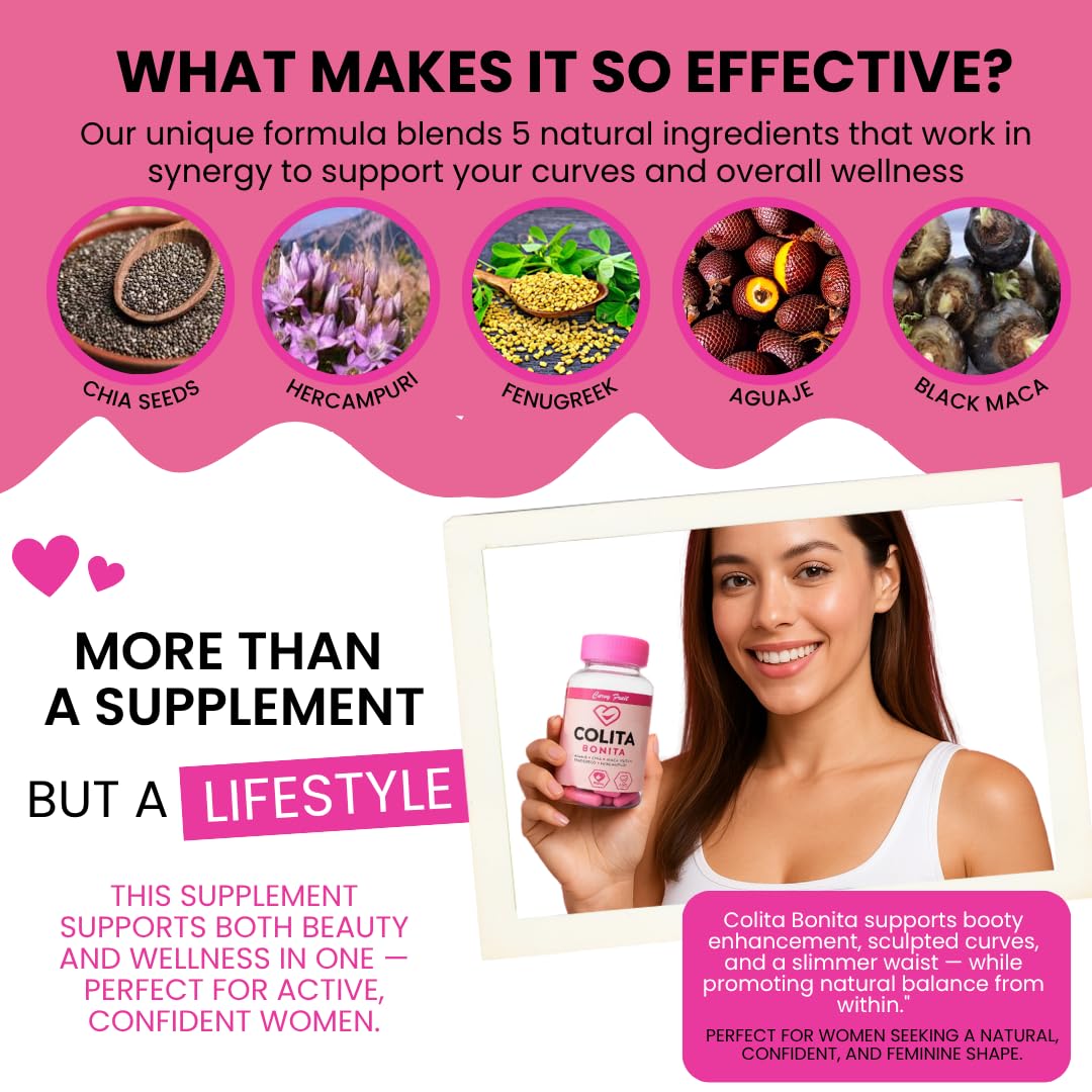 Colita Bonita – Aguaje, Black Maca & Fenugreek Pills – Natural Booty Growth & Hip Shaping Supplement – Supports Curves, Hormonal Balance & Waist Definition – 60 Capsules (30-Day Supply) - TrustMedUSA