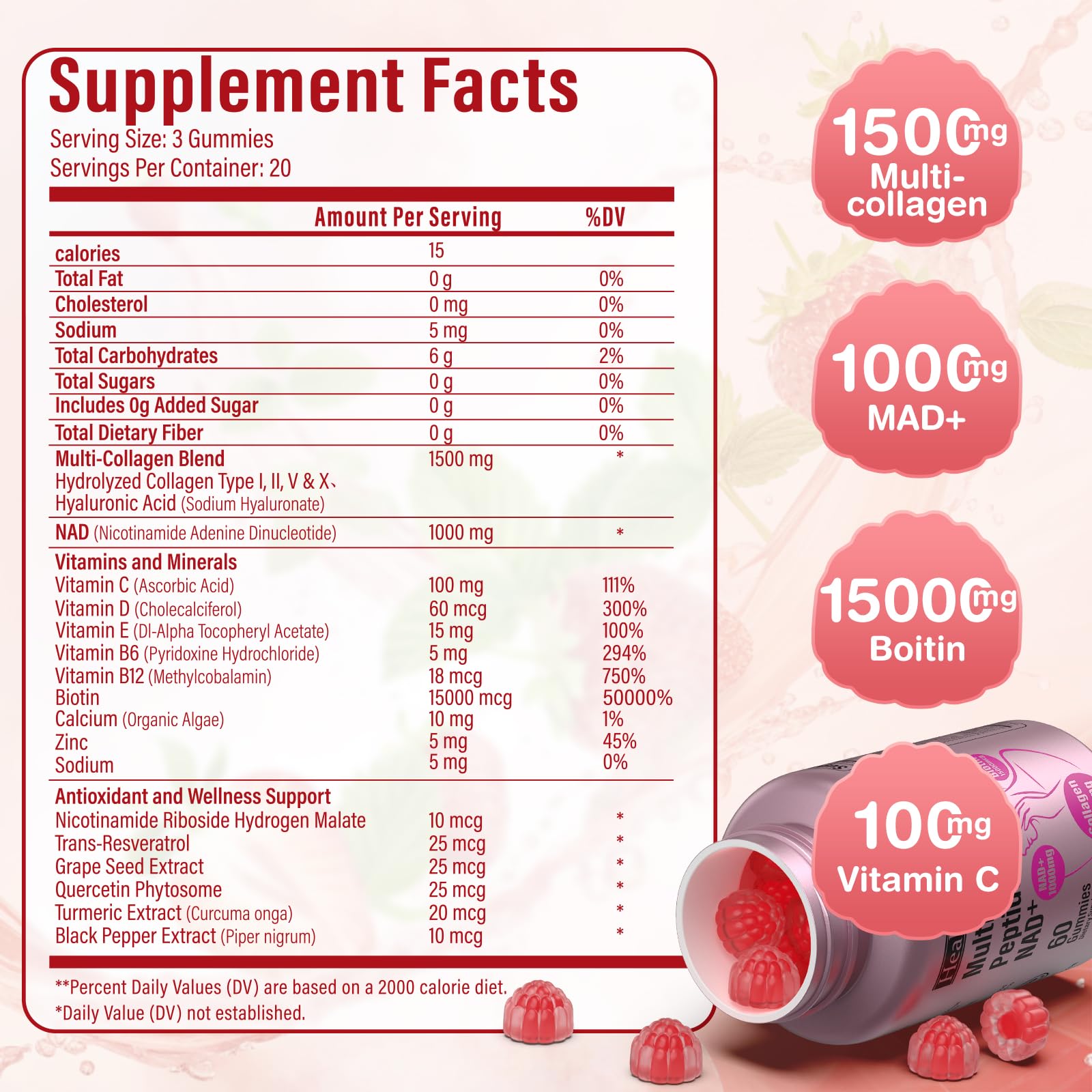 Collagen Gummies-Collagen for Women Men with 1500 mg Collagen Peptides Type I,II,III,V,X, 1000mg NAD, 15000 mcg Biotin, Daily Collagen Supplement Protein Gummies for Hair Skin Nails, Sugar Free - Maple Wellness Supplements