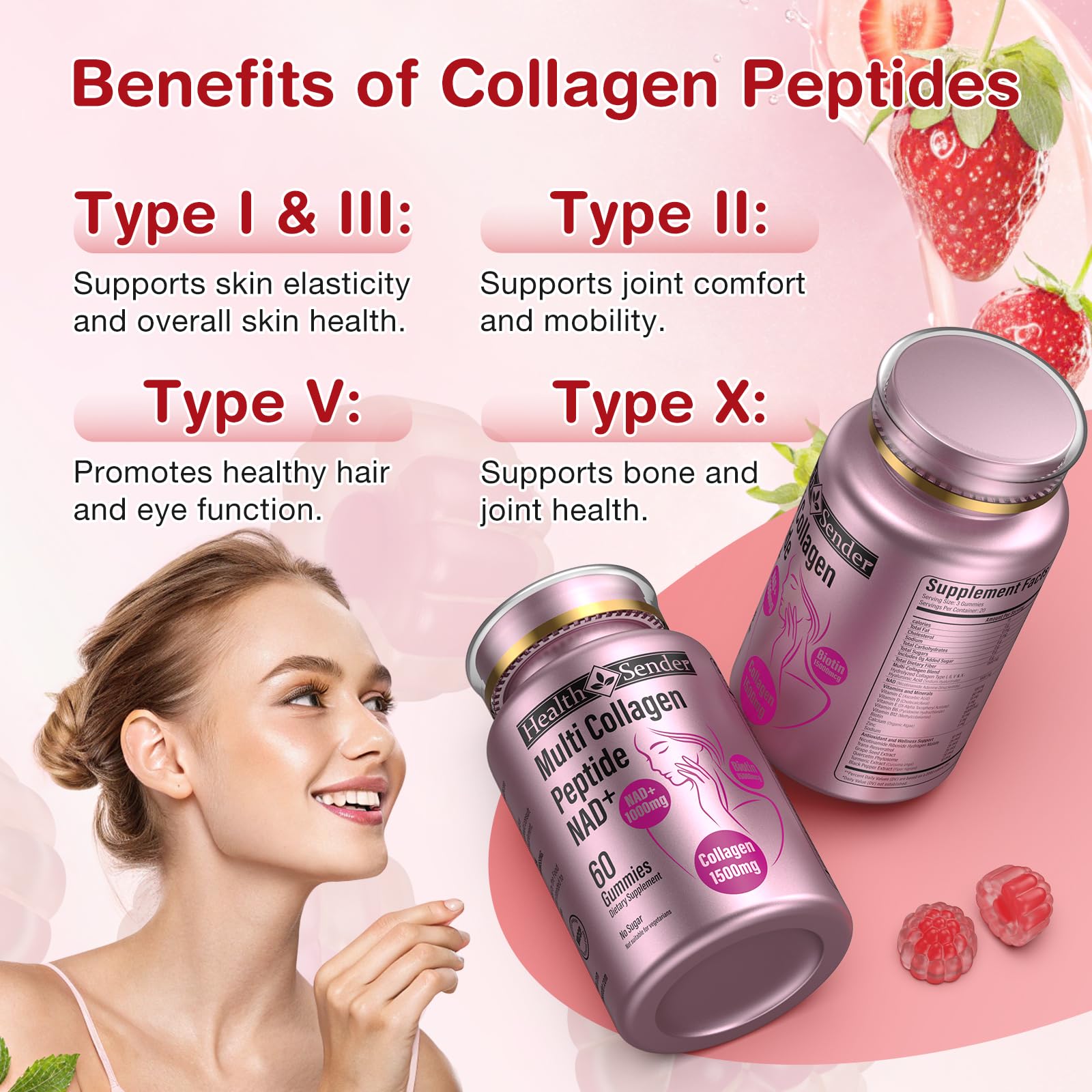 Collagen Gummies-Collagen for Women Men with 1500 mg Collagen Peptides Type I,II,III,V,X, 1000mg NAD, 15000 mcg Biotin, Daily Collagen Supplement Protein Gummies for Hair Skin Nails, Sugar Free - Maple Wellness Supplements