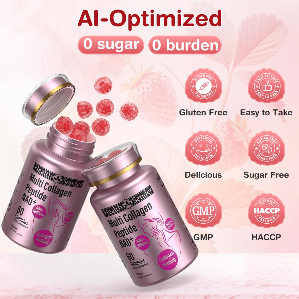 Collagen Gummies-Collagen for Women Men with 1500 mg Collagen Peptides Type I,II,III,V,X, 1000mg NAD, 15000 mcg Biotin, Daily Collagen Supplement Protein Gummies for Hair Skin Nails, Sugar Free - Maple Wellness Supplements