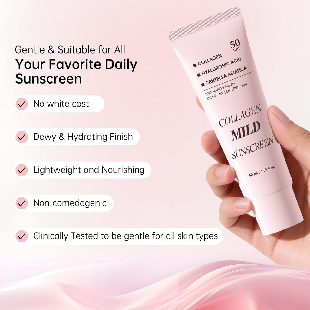 Collagen Mild Sunscreen SPF 50 for Face, Broad Spectrum Protection, Hydrating Facial Sunscreen with Peptides & Cica, Lightweight Non-Greasy, No White Cast, Natural Glow, Travel Size (2 PCS) - Maple Wellness Supplements