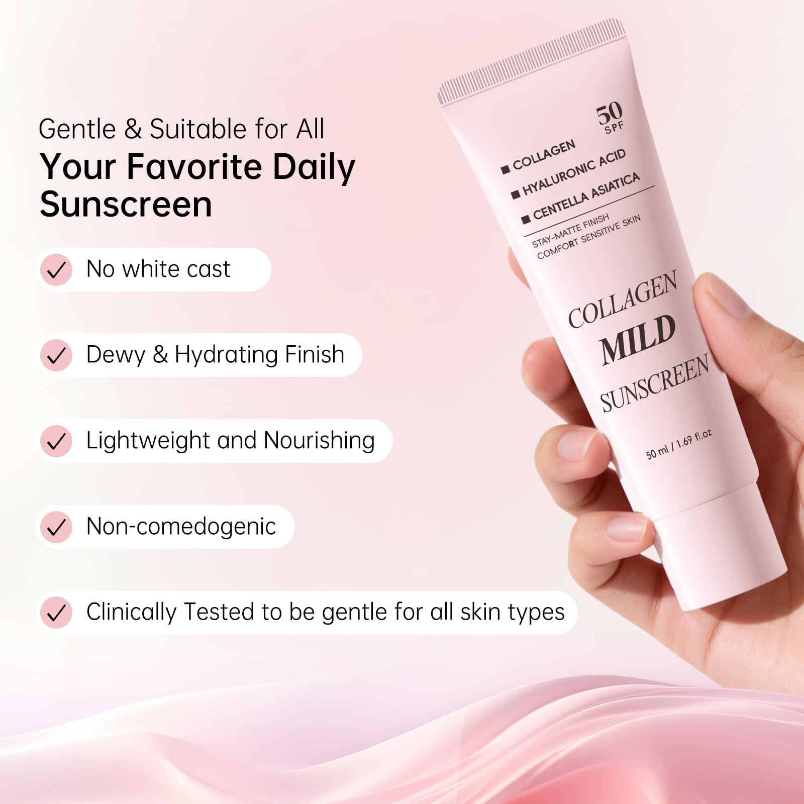 Collagen Mild Sunscreen SPF 50 for Face, Broad Spectrum Protection, Hydrating Facial Sunscreen with Peptides & Cica, Lightweight Non-Greasy, No White Cast, Natural Glow, Travel Size (2 PCS) - Maple Wellness Supplements