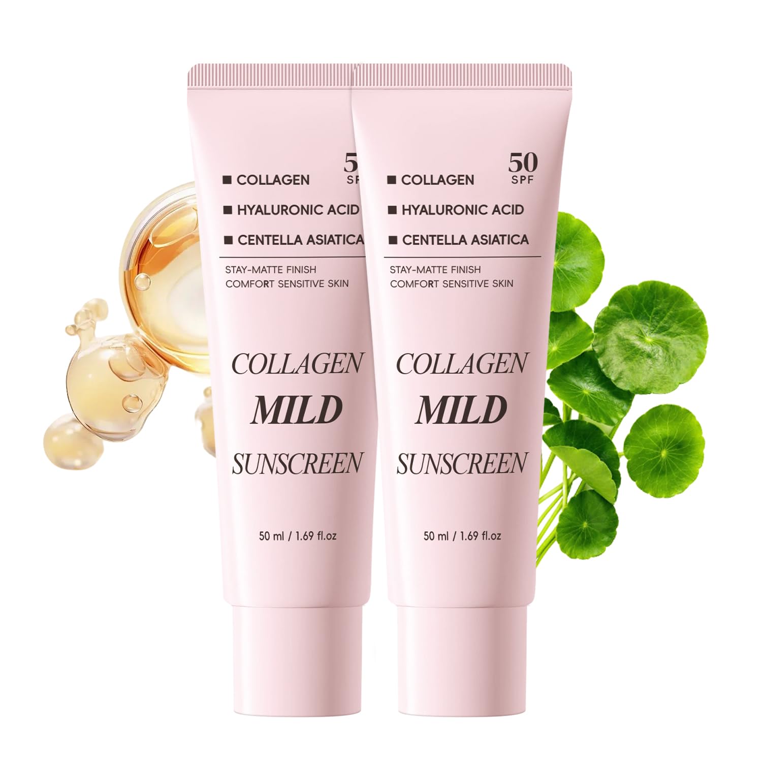 Collagen Mild Sunscreen SPF 50 for Face, Broad Spectrum Protection, Hydrating Facial Sunscreen with Peptides & Cica, Lightweight Non-Greasy, No White Cast, Natural Glow, Travel Size (2 PCS) - Maple Wellness Supplements