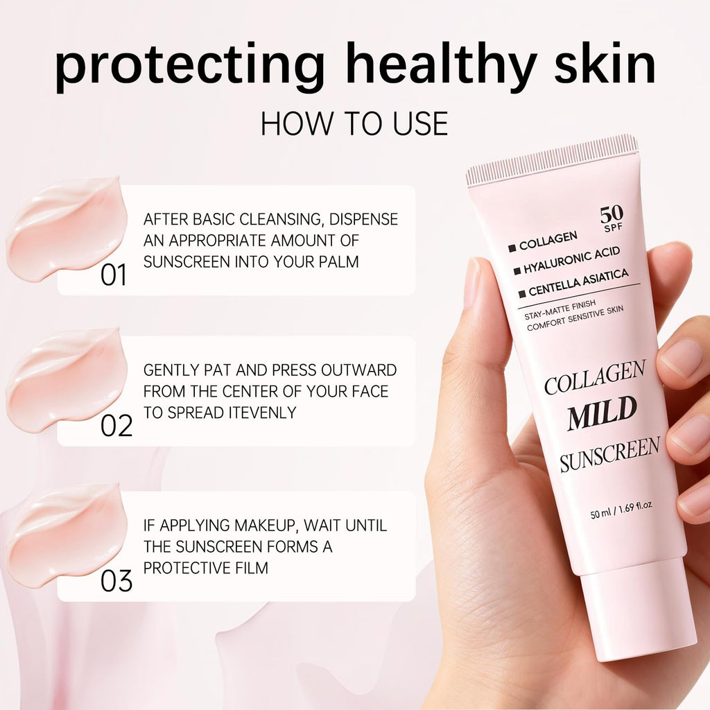 Collagen Mild Sunscreen SPF 50 for Face, Broad Spectrum Protection, Hydrating Facial Sunscreen with Peptides & Cica, Lightweight Non-Greasy, No White Cast, Natural Glow, Travel Size (2 PCS) - Maple Wellness Supplements