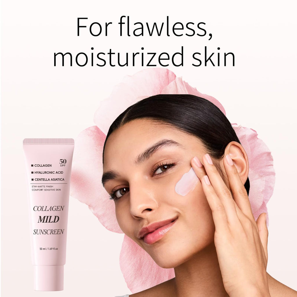 Collagen Mild Sunscreen SPF 50 for Face, Broad Spectrum Protection, Hydrating Facial Sunscreen with Peptides & Cica, Lightweight Non-Greasy, No White Cast, Natural Glow, Travel Size (2 PCS) - Maple Wellness Supplements
